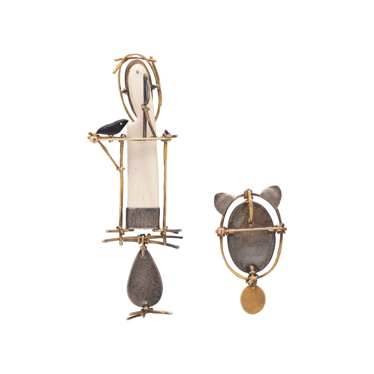 CAROLYN MORRIS BACH, TWO ALEUTIAN-STYLE FIGURAL PINS