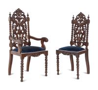 A Set of Ten Jacobean Style Carved Walnut Dining Chairs
