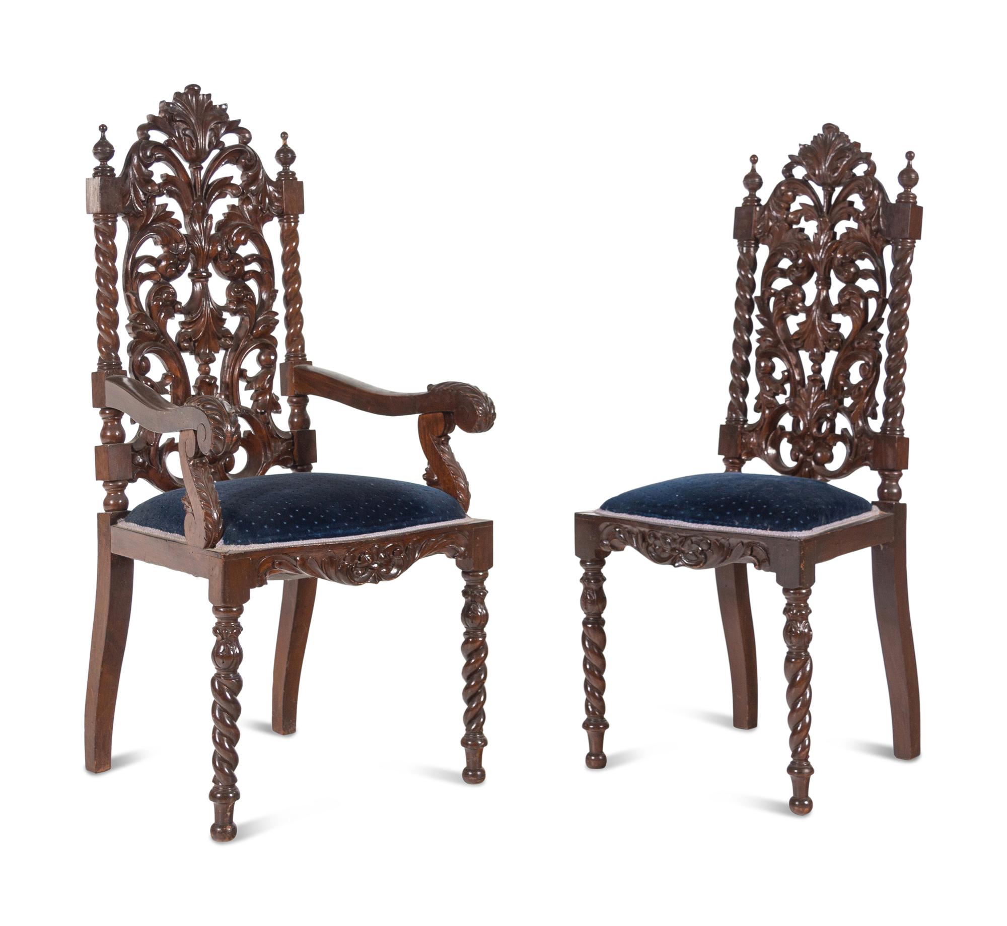 A Set of Ten Jacobean Style Carved Walnut Dining Chairs