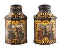 A Pair of English Painted Tole Tea Canisters