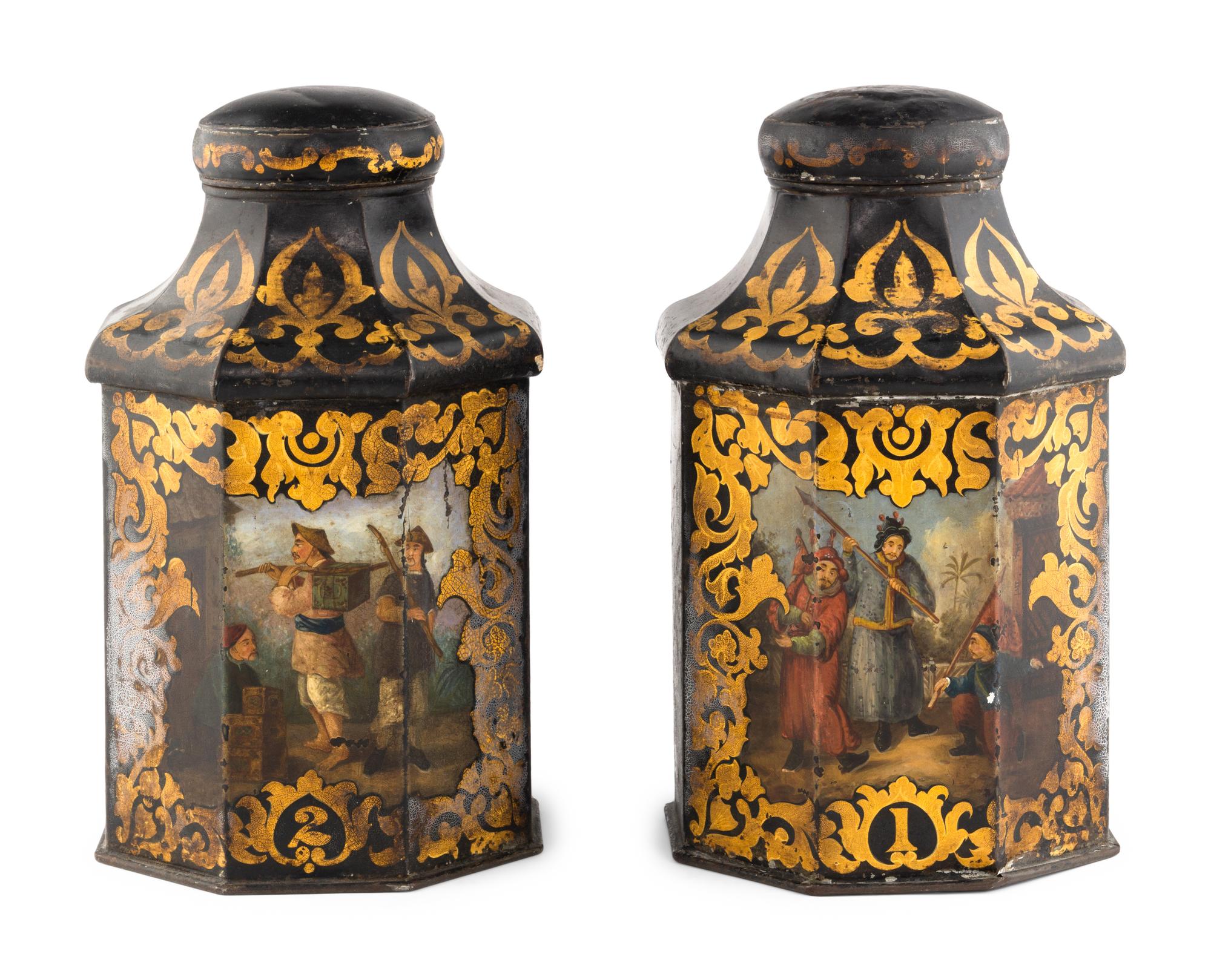 A Pair of English Painted Tole Tea Canisters