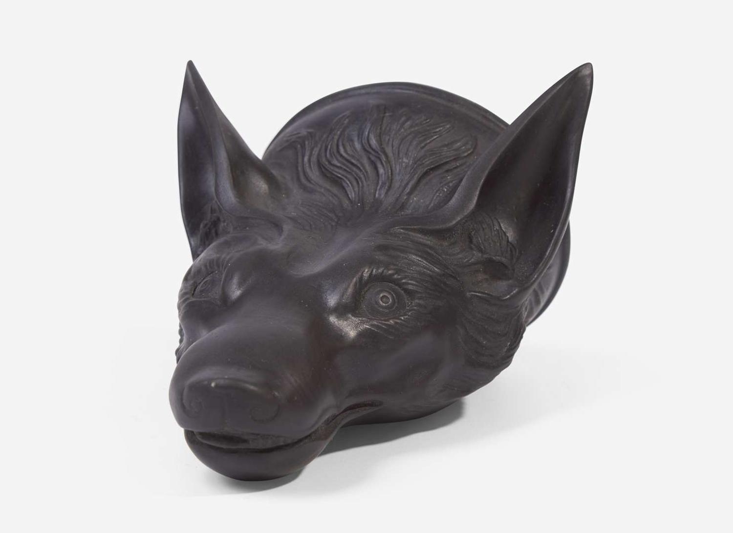 A Wedgwood & Bentley Black Basalt Fox Head Form Stirrup Cup, UK, 1770s