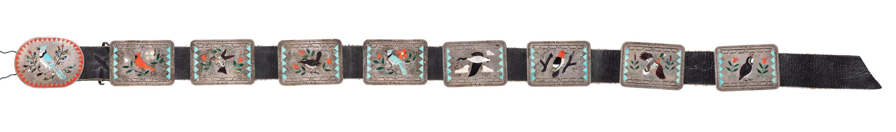 Silver and Mosaic Inlay Concha Belt, with Multiple Bird Species Lot is located and will ship from Denver, Colorado.