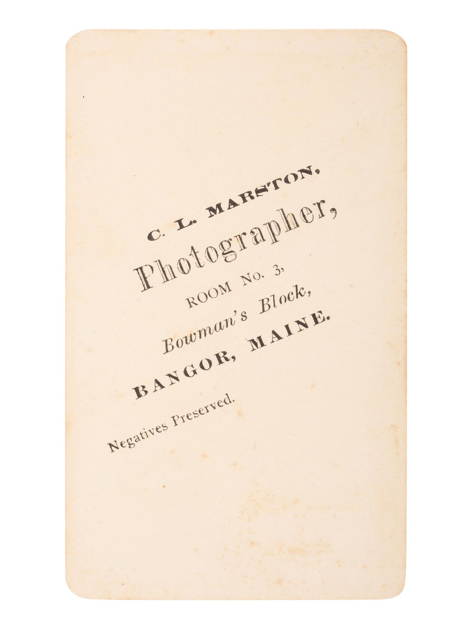 [DOUGLASS, Frederick (1818-1895)]. Unpublished CDV of Frederick Douglass. Bangor, Maine: C.L. Marston. Descended directly in the family of Vice President Hannibal Hamlin (1809-1891).