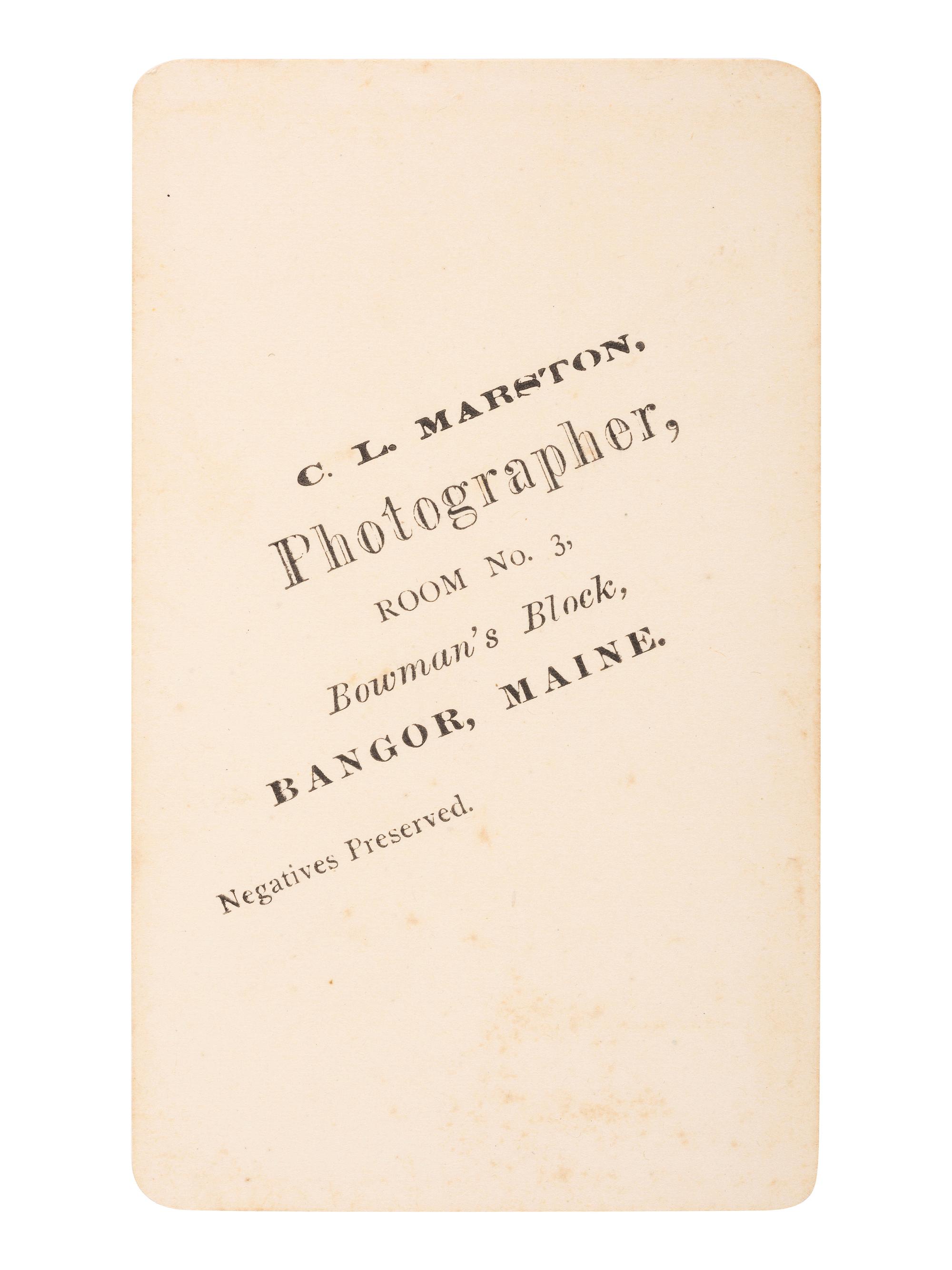 [DOUGLASS, Frederick (1818-1895)]. Unpublished CDV of Frederick Douglass. Bangor, Maine: C.L. Marston. Descended directly in the family of Vice President Hannibal Hamlin (1809-1891).