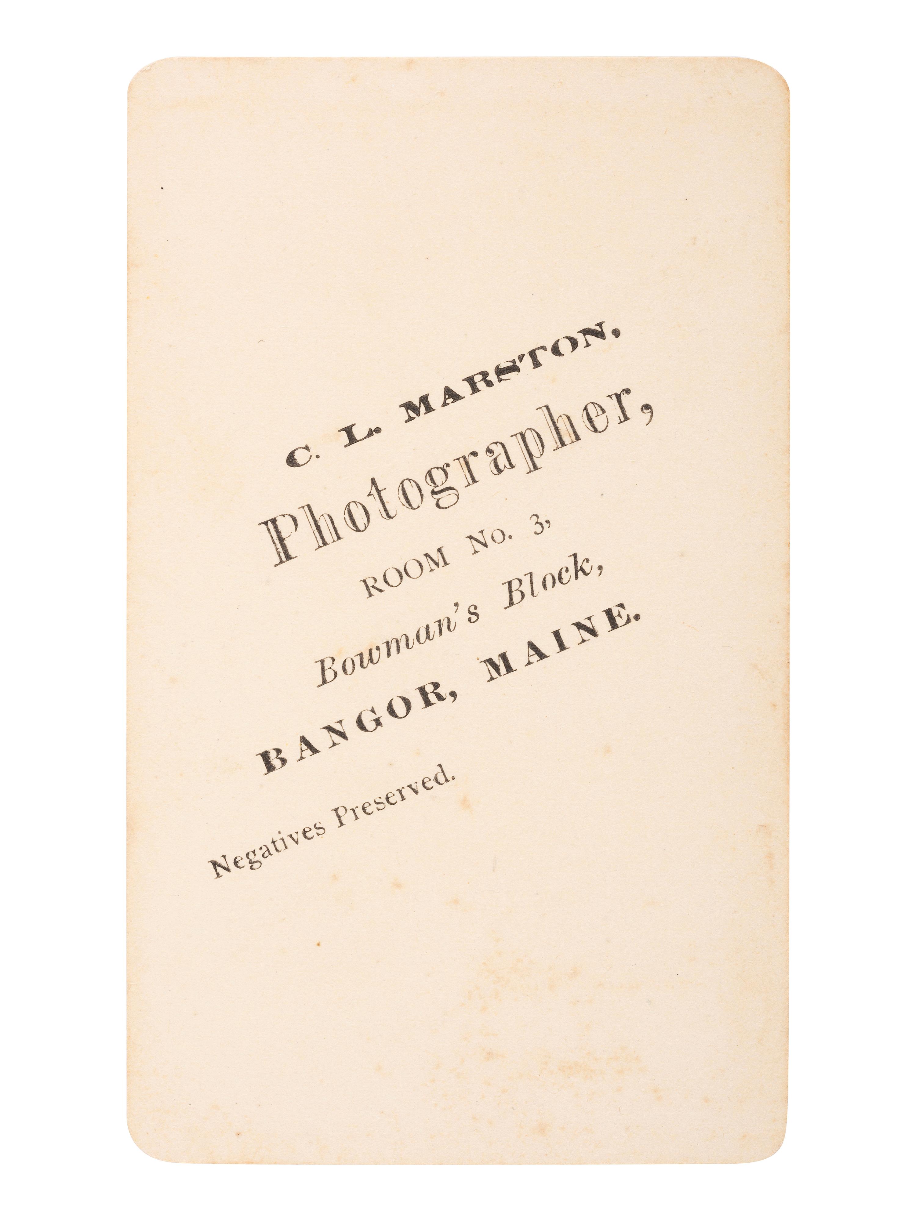 [DOUGLASS, Frederick (1818-1895)]. Unpublished CDV of Frederick Douglass. Bangor, Maine: C.L. Marston. Descended directly in the family of Vice President Hannibal Hamlin (1809-1891).