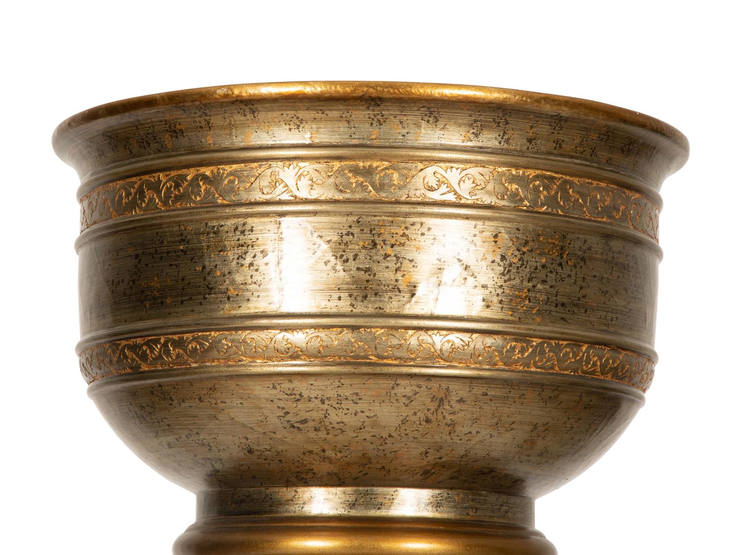 A Contemporary Silvered and Gilt Decorated Wood Urn on Pedestal Base