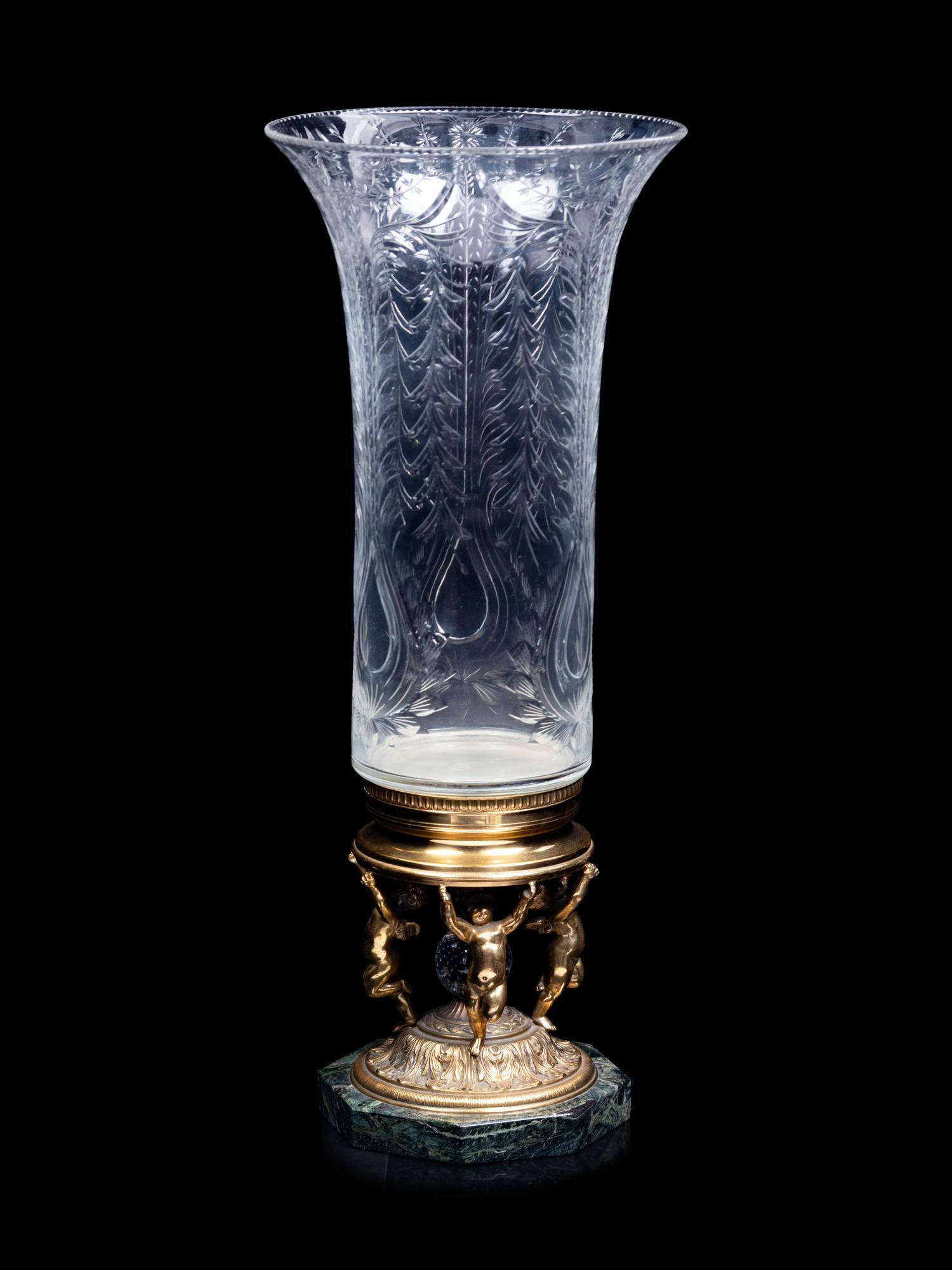 A French Gilt Bronze and Etched Glass Vase with Figural Supports