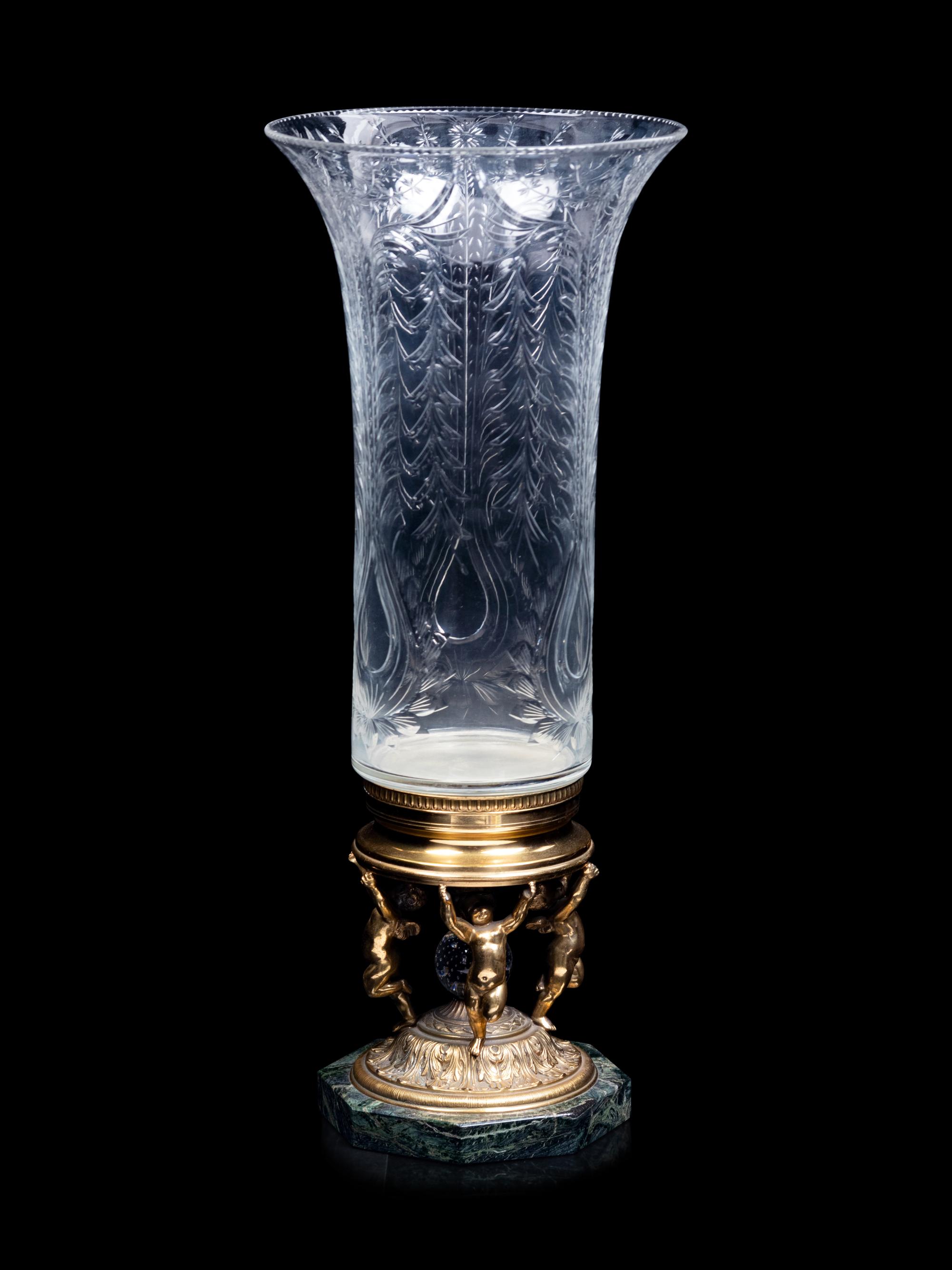 A French Gilt Bronze and Etched Glass Vase with Figural Supports