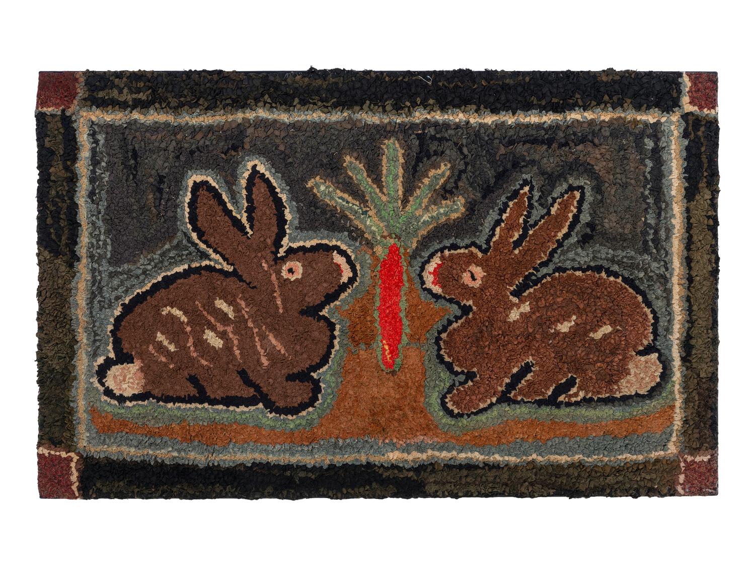 An American Rabbits and Carrot Hooked Rug
