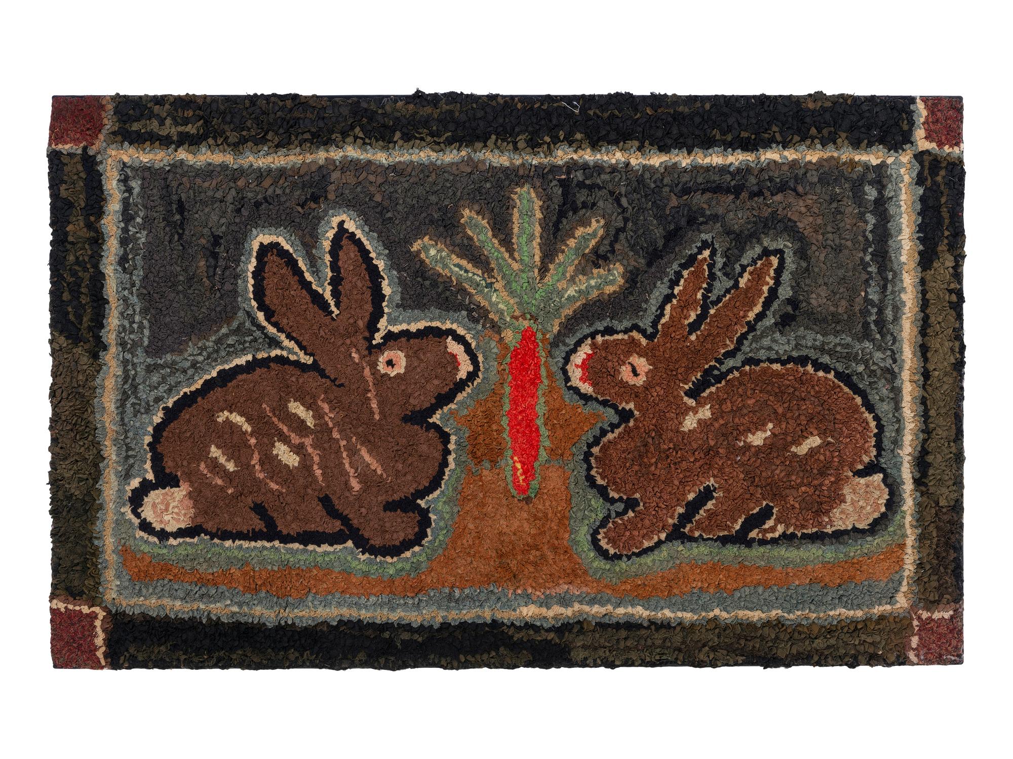 An American Rabbits and Carrot Hooked Rug