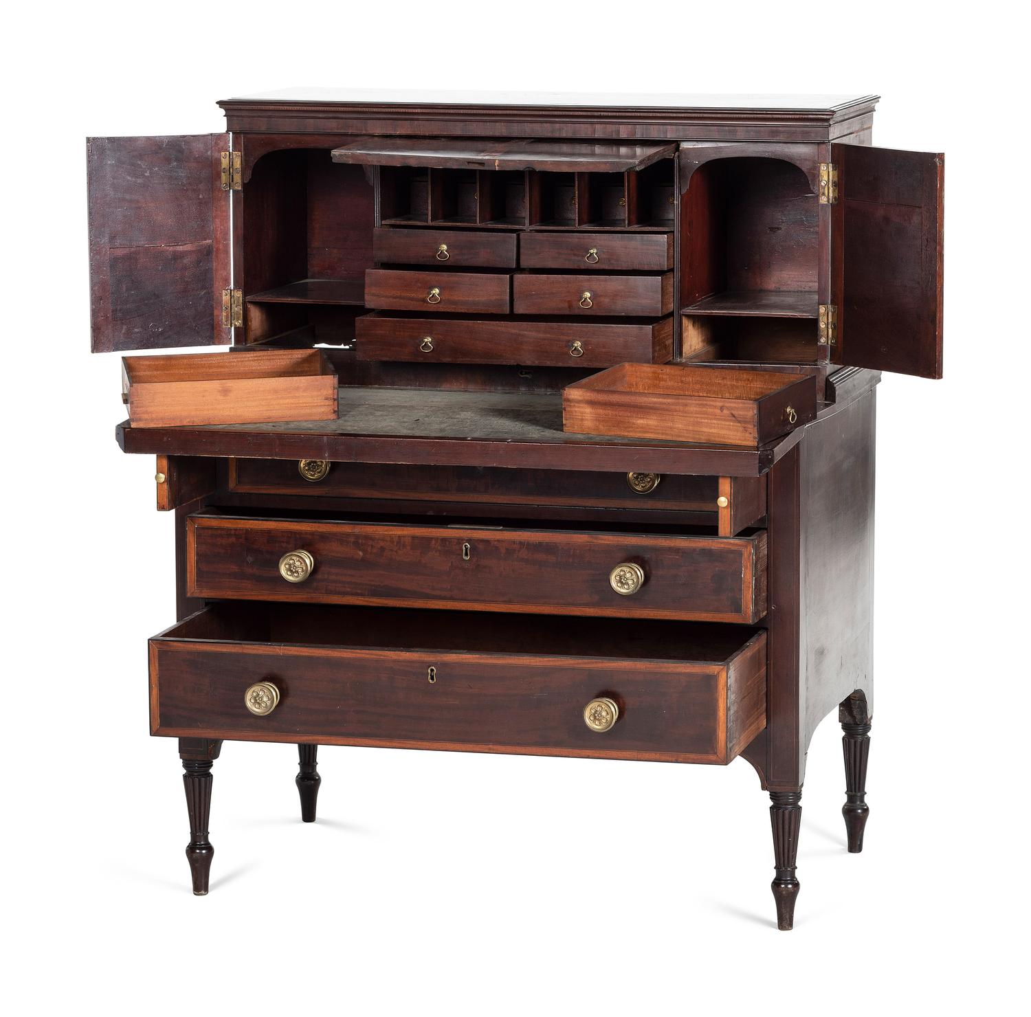 A Federal Cross-Banded Mahogany Two-Part Writing Desk