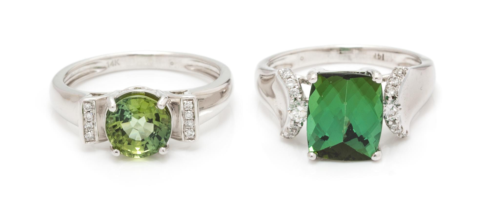A Collection of 14 Karat White Gold, Tourmaline, Peridot and Diamond Rings, 5.30 dwts.