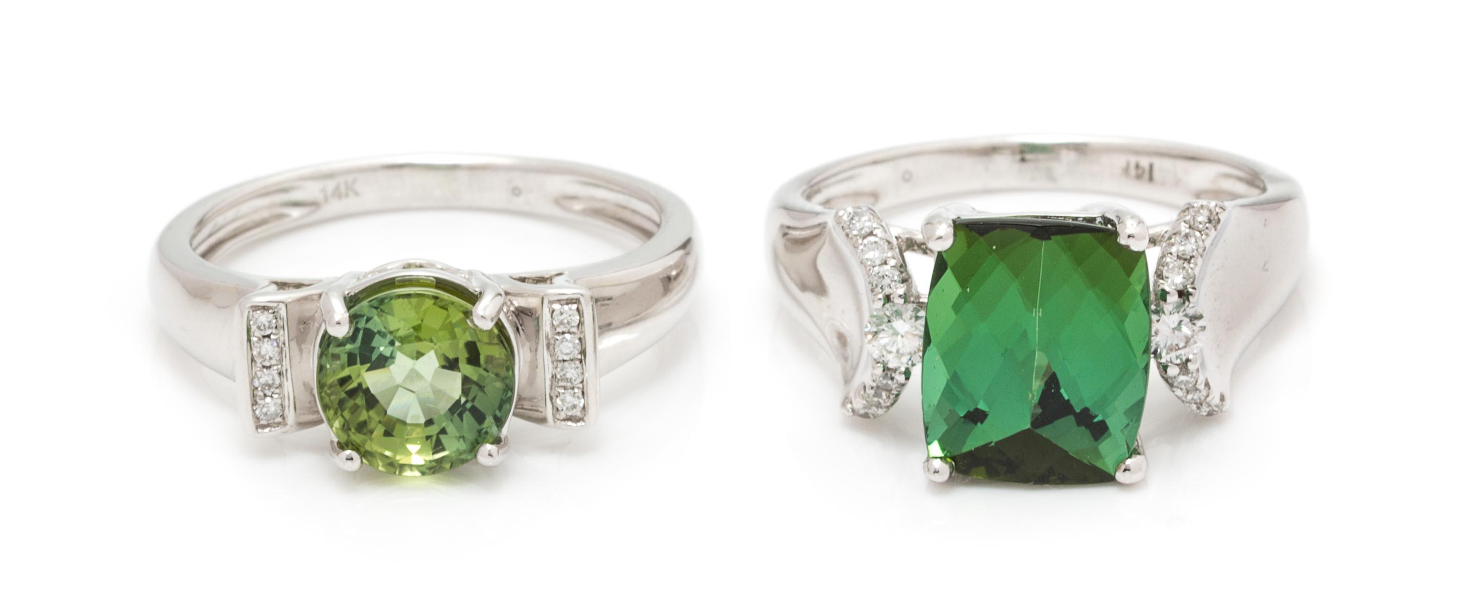 A Collection of 14 Karat White Gold, Tourmaline, Peridot and Diamond Rings, 5.30 dwts.