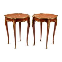 A Pair of Louis XV Style Mahogany and Gilt Bronze Mounted Marble-Top Tables