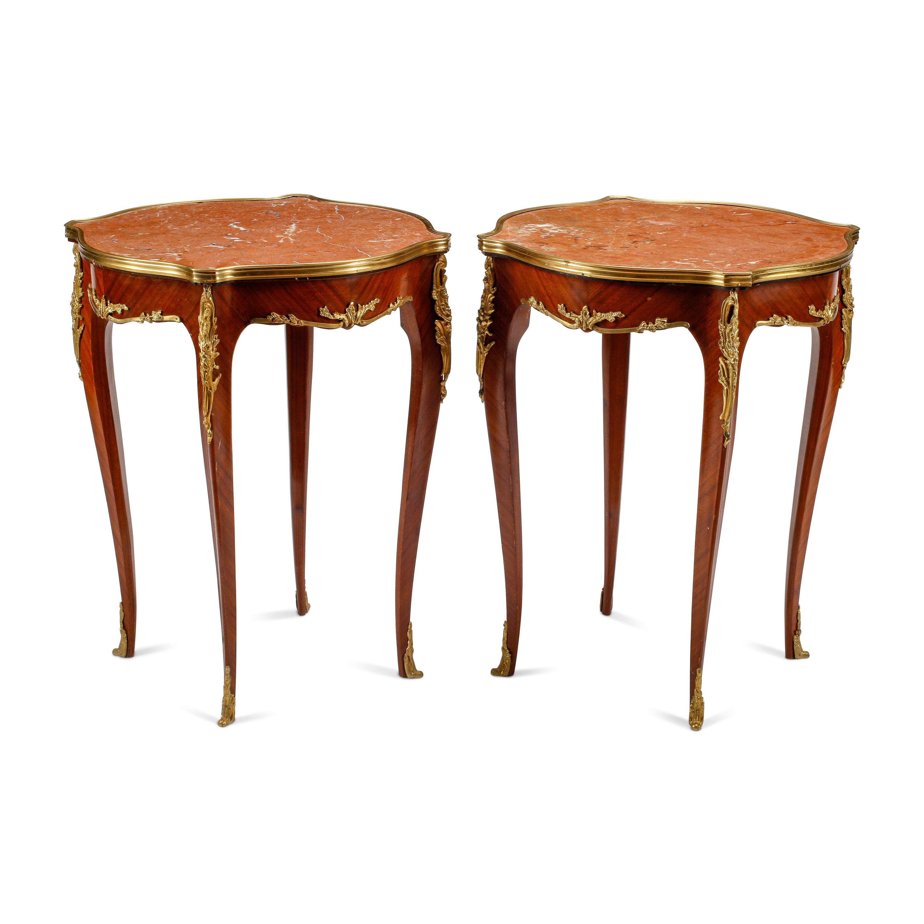 A Pair of Louis XV Style Mahogany and Gilt Bronze Mounted Marble-Top Tables