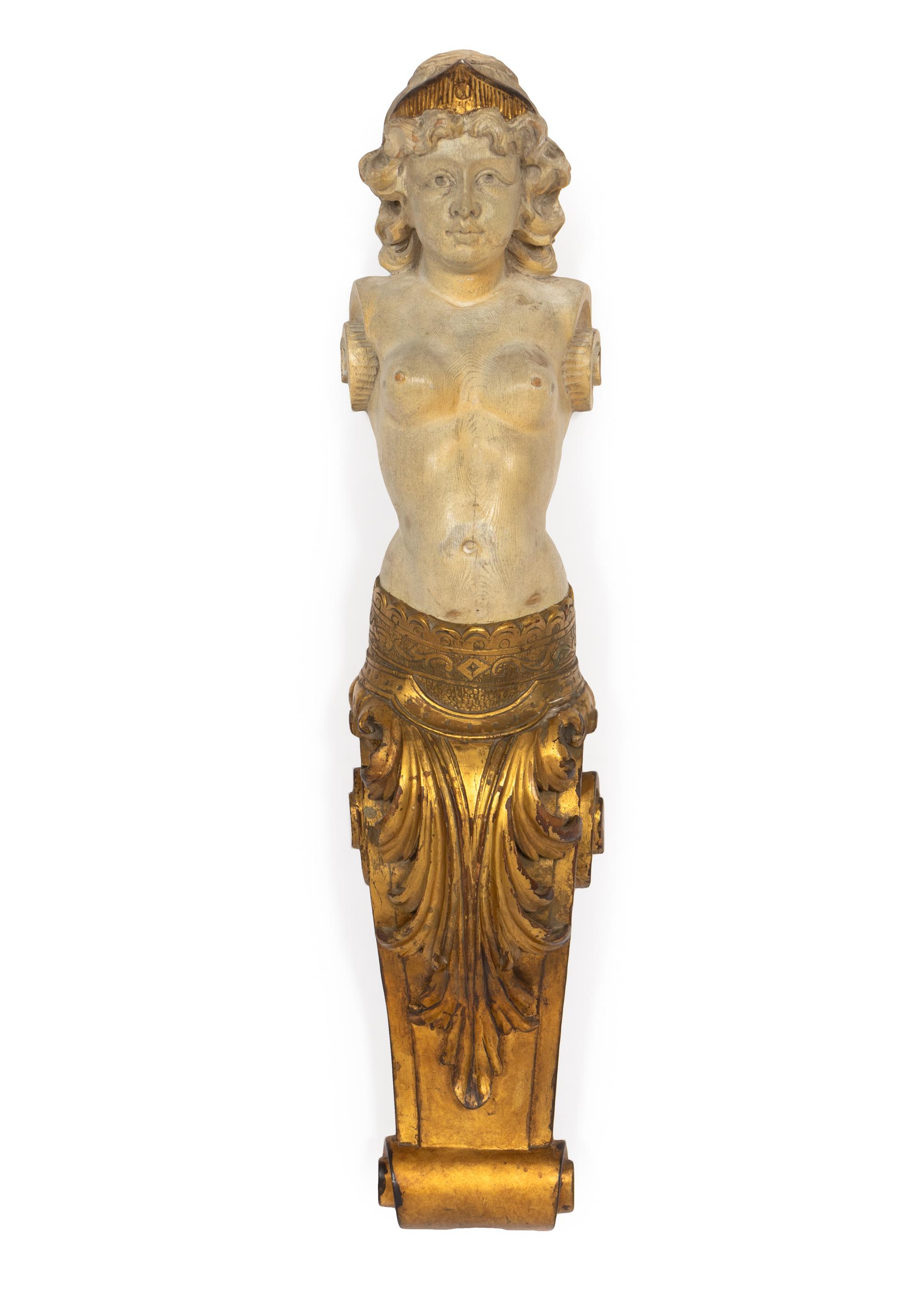 A Pair of Continental Carved Giltwood Caryatid Pilasters