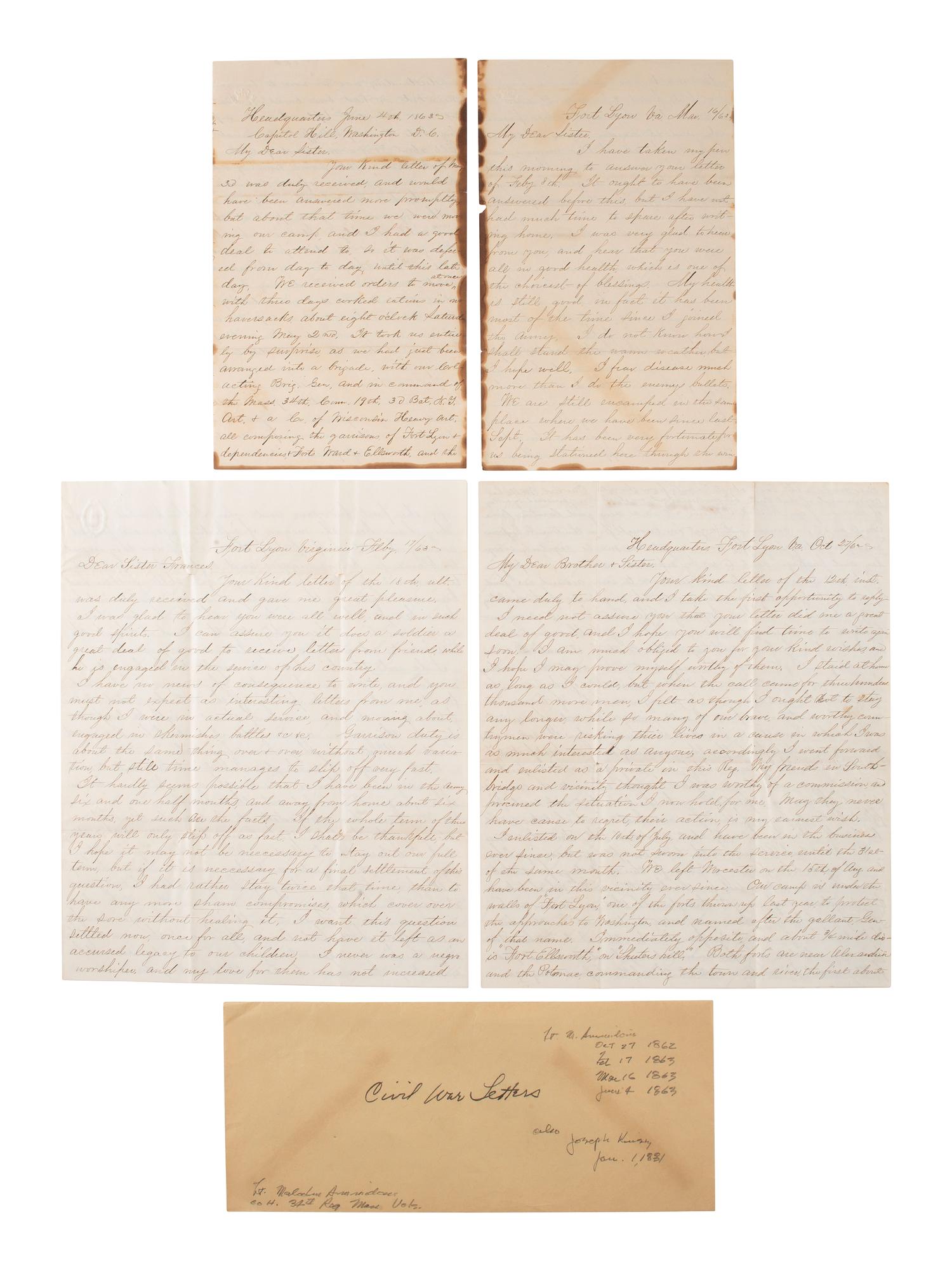 [CIVIL WAR]. A group of 4 letters written by Lieutenant Malcom Ammidon, Companies H & C, 34th Massachusetts, with Lincoln and slavery content.