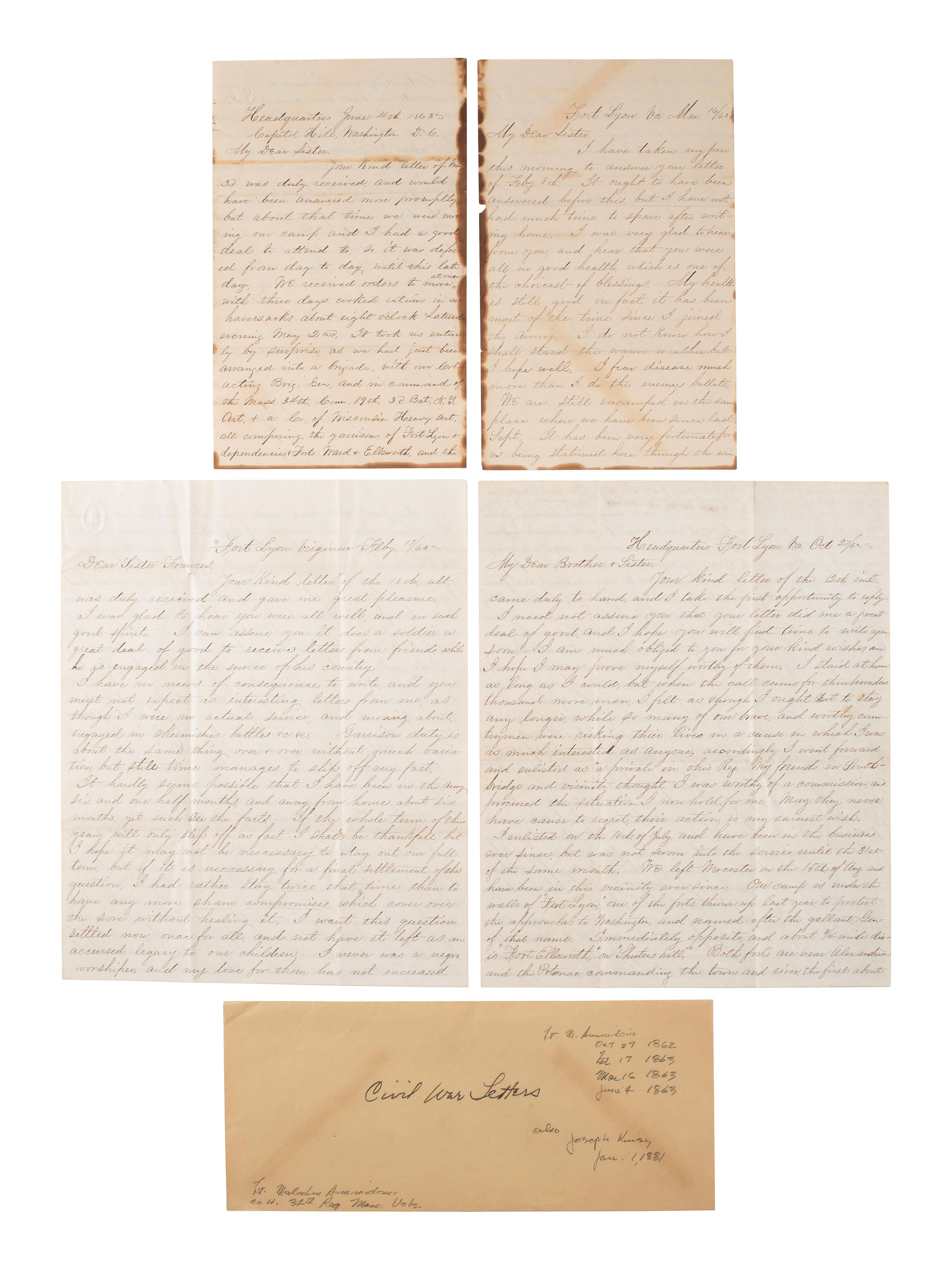 [CIVIL WAR]. A group of 4 letters written by Lieutenant Malcom Ammidon, Companies H & C, 34th Massachusetts, with Lincoln and slavery content.