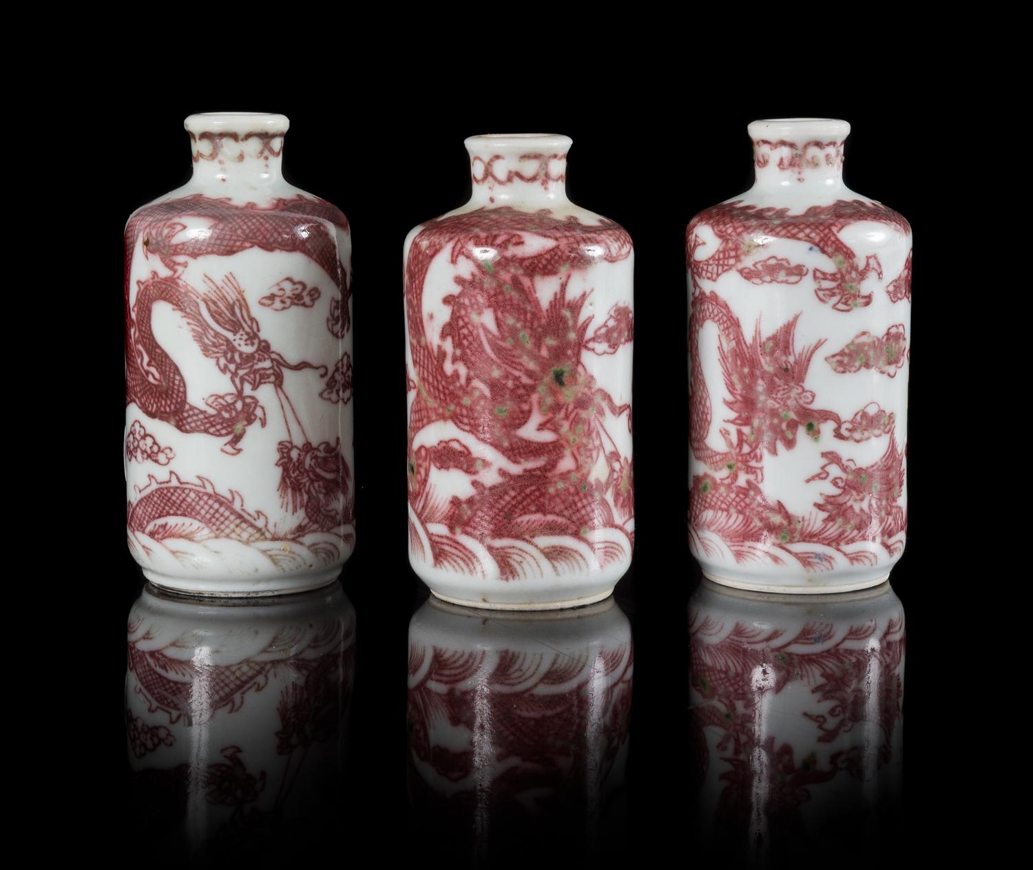 Three Underglaze Red Porcelain Snuff Bottles Height of tallest 6 1/2 inches. — 19TH CENTURY
