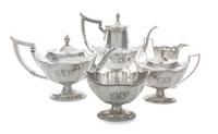 An American Silver Tea and Coffee Service, Gorham Mfg. Co., Providence, RI, Plymouth pattern, comprising a tea pot, a coffee pot, a cre
