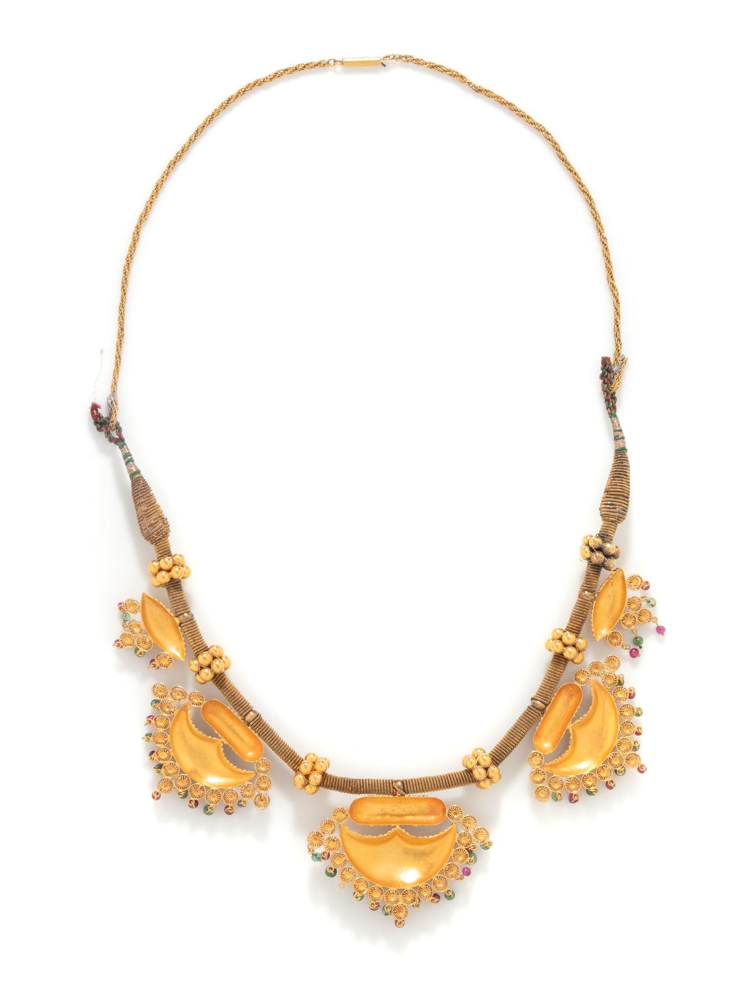 INDIAN, YELLOW GOLD, EMERALD, AND SYNTHETIC RUBY NECKLACE