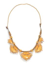 INDIAN, YELLOW GOLD, EMERALD, AND SYNTHETIC RUBY NECKLACE