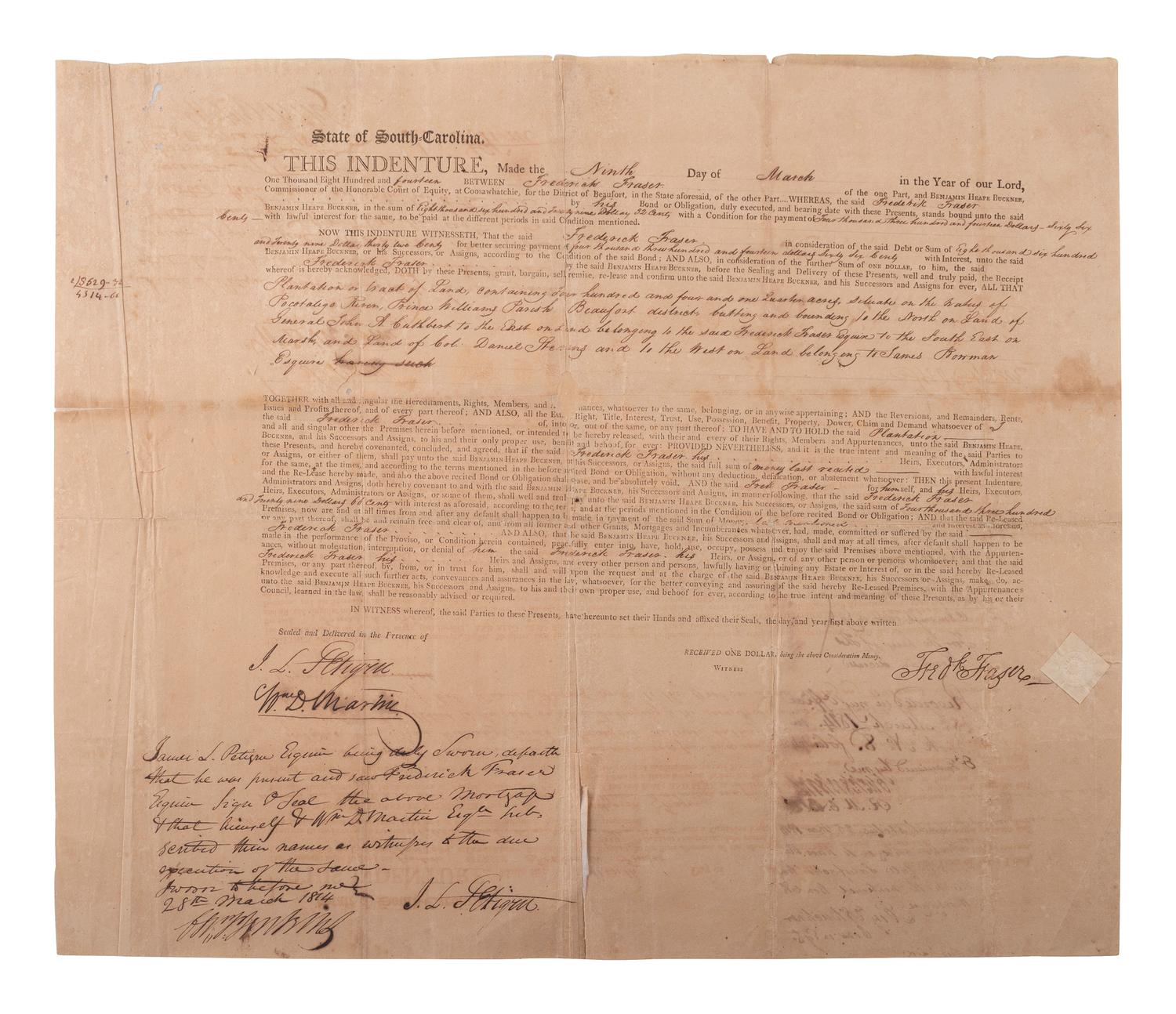 [SOUTH CAROLINA]. Document signed by jurist James L. Petigru (1789-1863), a Charleston Unionist.