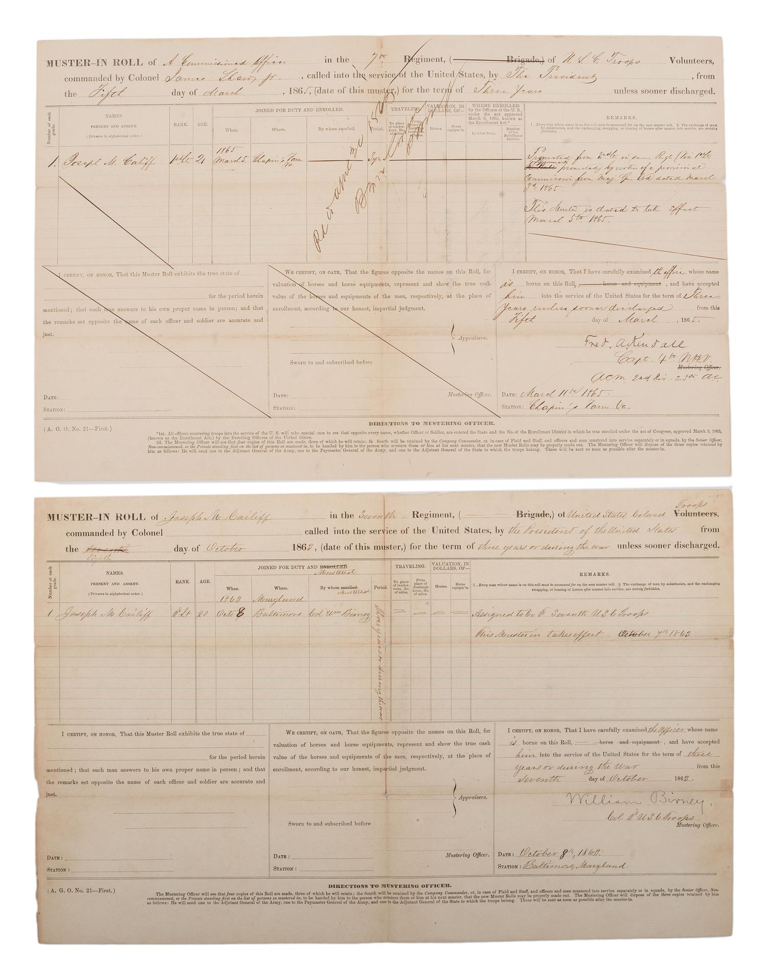 [CIVIL WAR]. A group of 9 documents related to the 7th US Colored Troops including muster rolls and appointments for 2nd Lieutenant Joseph M. Califf.