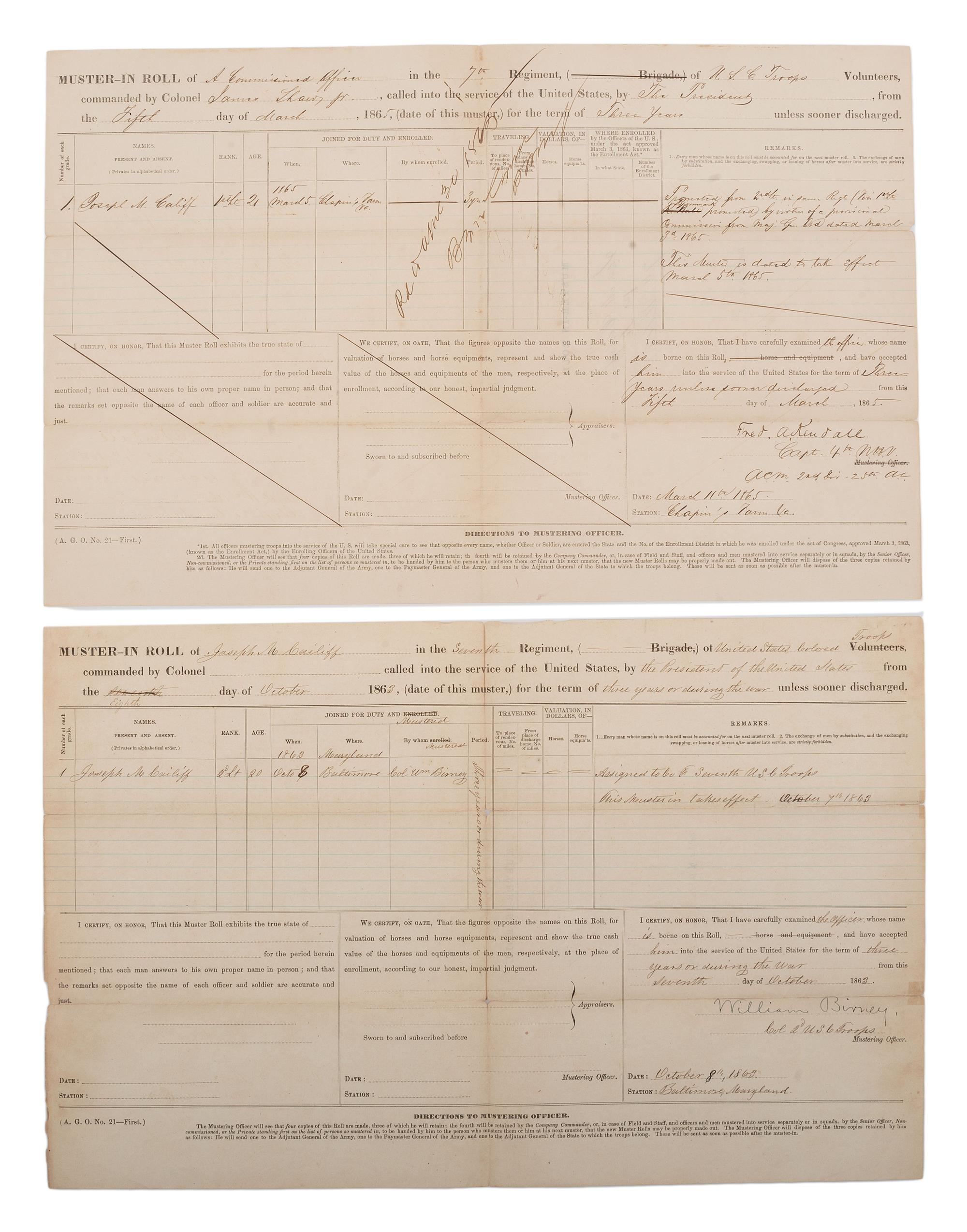 [CIVIL WAR]. A group of 9 documents related to the 7th US Colored Troops including muster rolls and appointments for 2nd Lieutenant Joseph M. Califf.