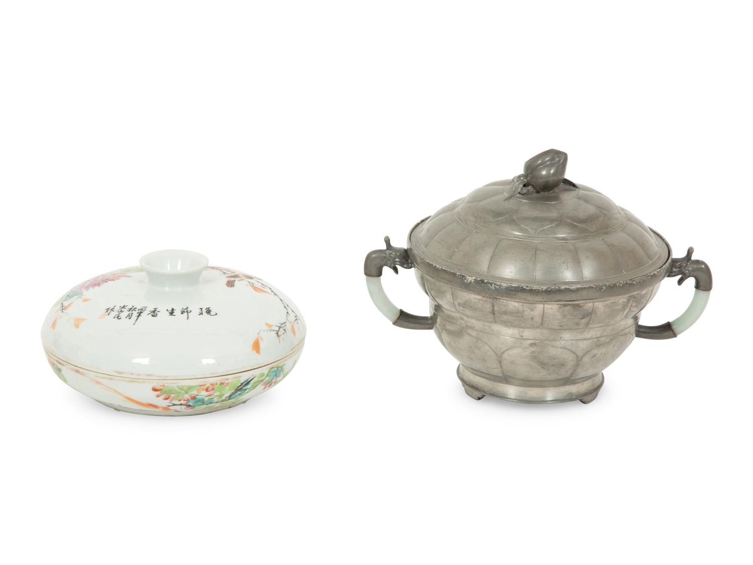 A Chinese Hardstone Mounted Pewter Covered Vessel and a Porcelain Covered Condiment Bowl
