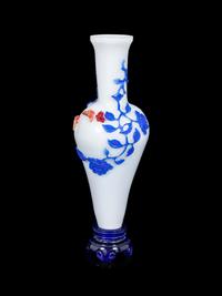 An Unusual Chinese Red, Blue, and Yellow Overlay Semi-Opaque White Glass Amphora Vase and Stand