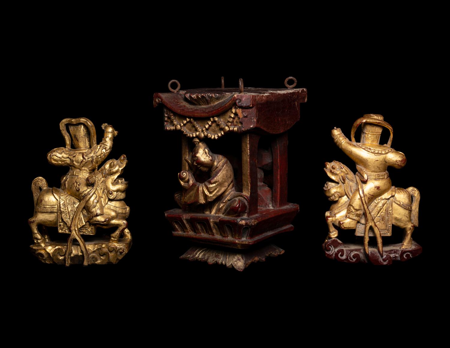 Three Chinese Gilt and Red Lacquered Wood Carvings