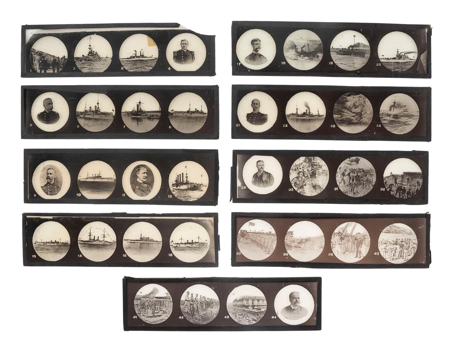 [SPANISH-AMERICAN WAR]. A group of milk glass, paperweights, glasses, and other souvenirs including items commemorating the Maine and Admiral Dewey, including: