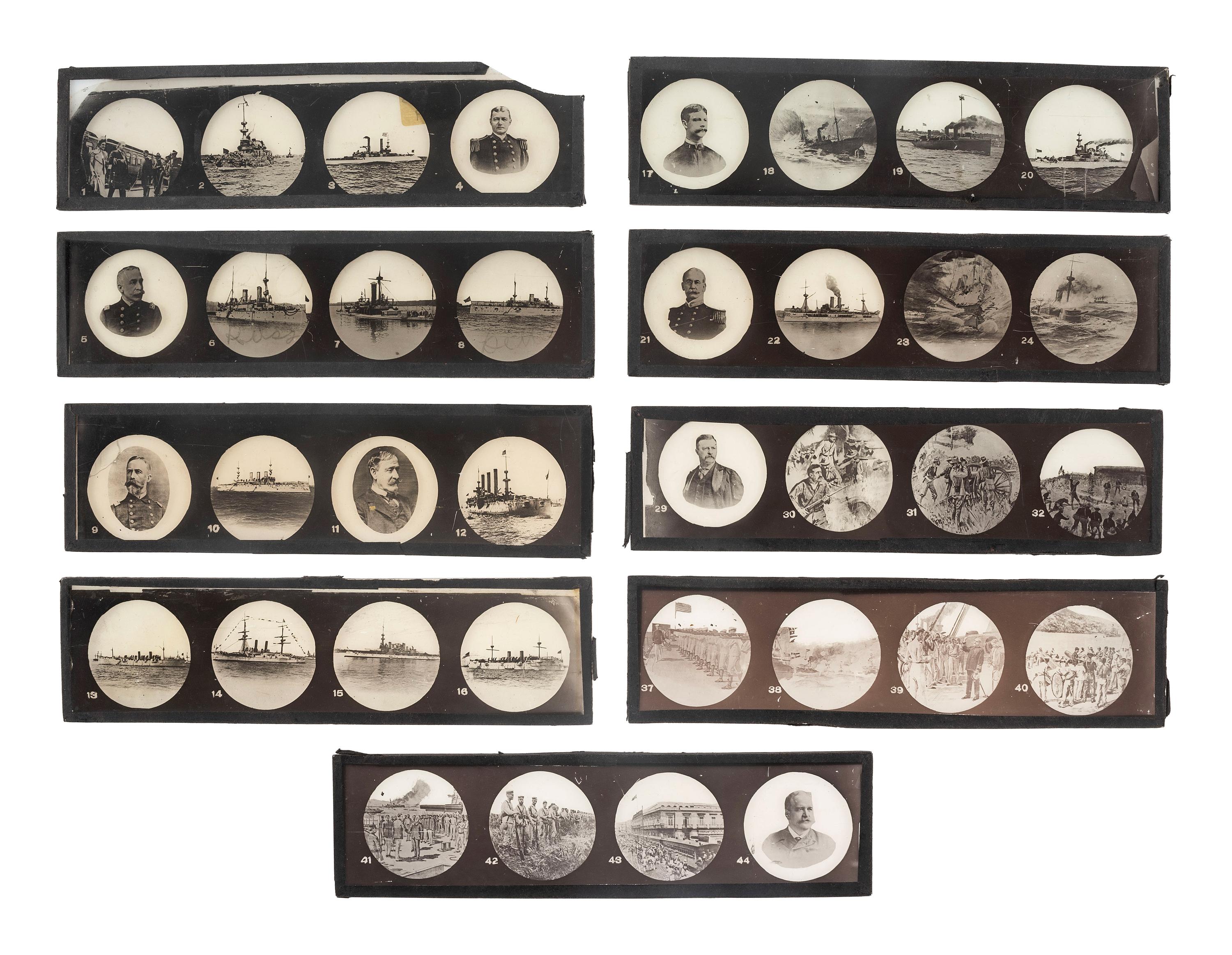 [SPANISH-AMERICAN WAR]. A group of milk glass, paperweights, glasses, and other souvenirs including items commemorating the Maine and Admiral Dewey, including: