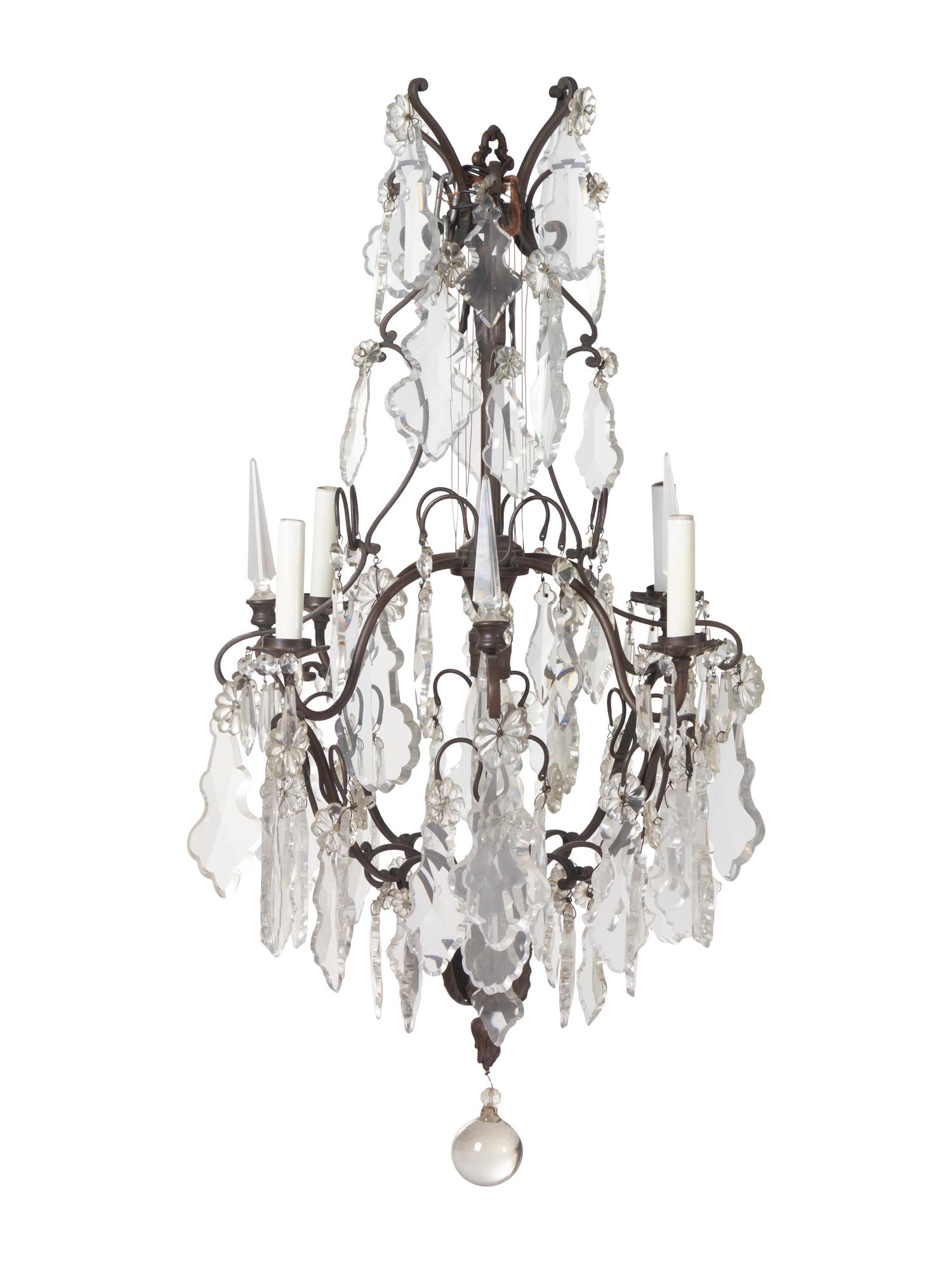 A Continental Cast Metal and Cut Glass Five-Light Chandelier
