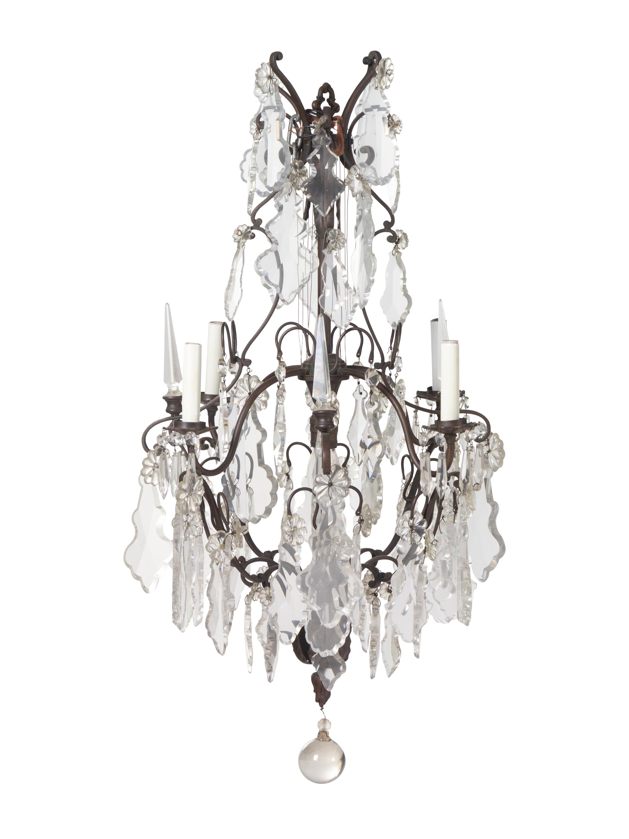 A Continental Cast Metal and Cut Glass Five-Light Chandelier