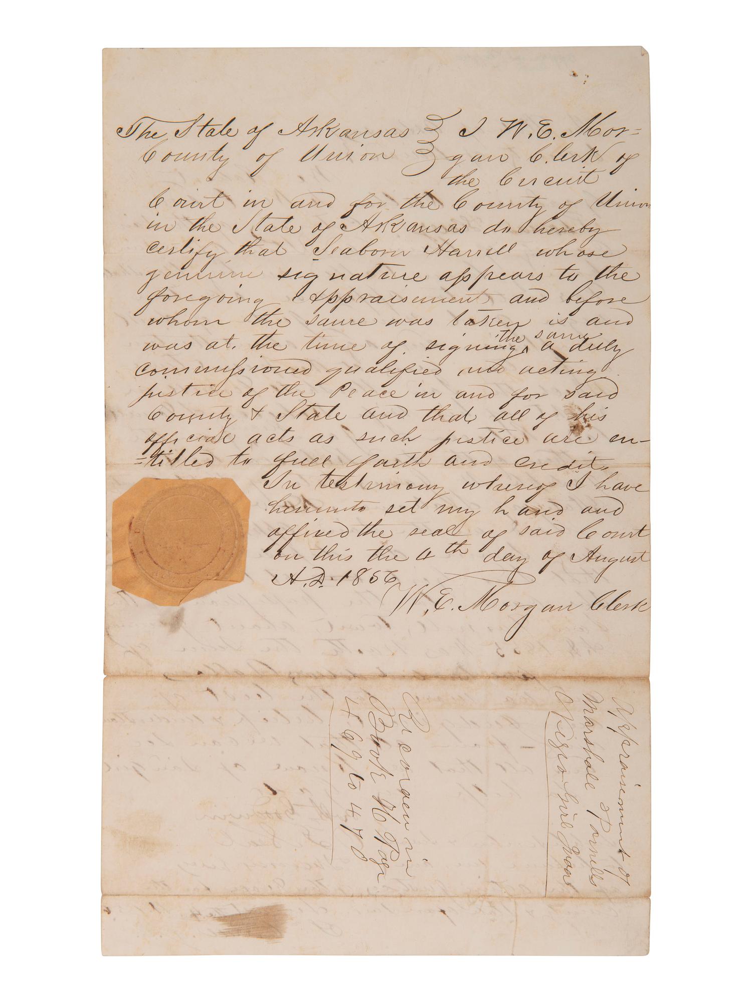 [ENSLAVEMENT]. Manuscript appraisal of an enslaved girl named Juda. Union Co., AR, 1856.