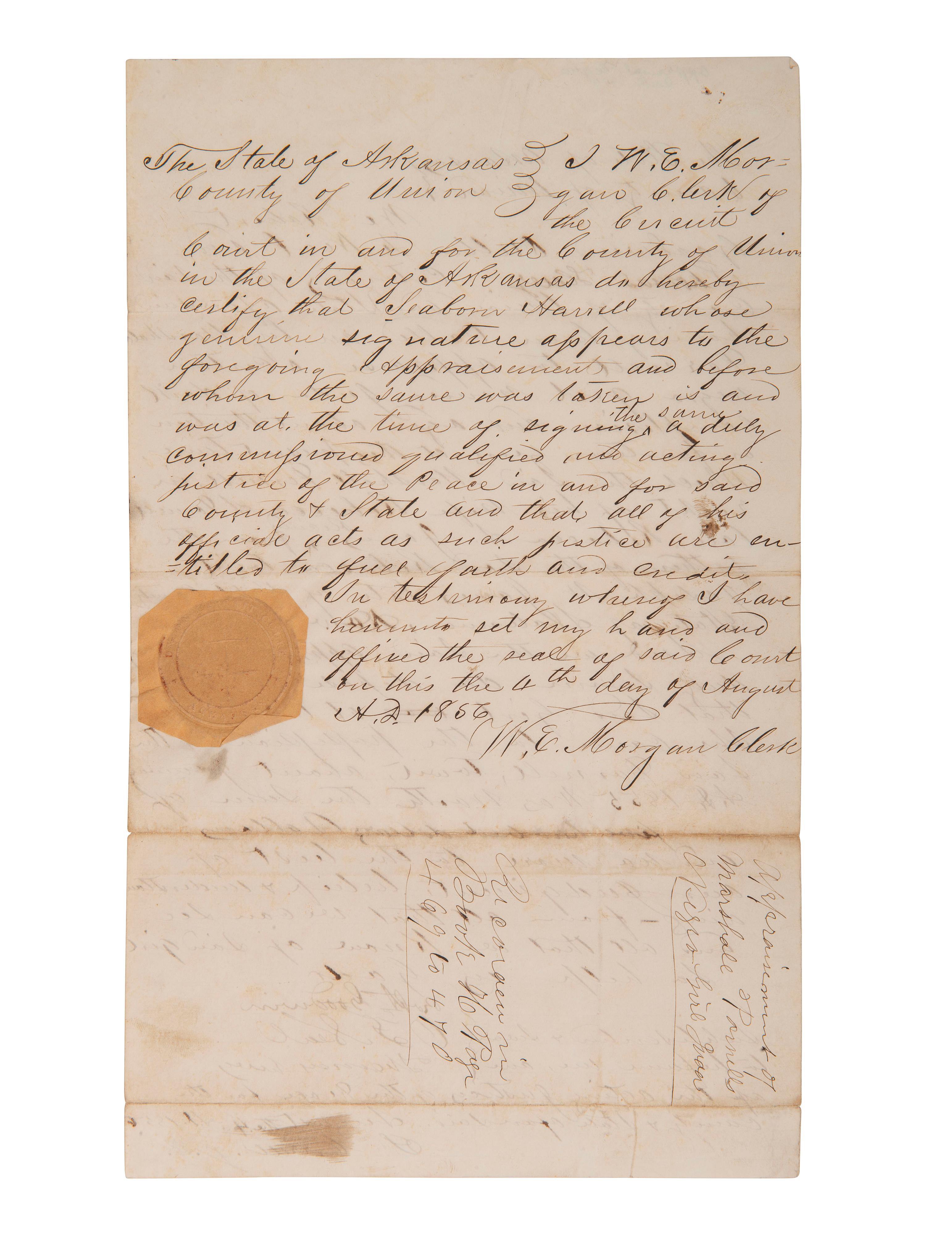 [ENSLAVEMENT]. Manuscript appraisal of an enslaved girl named Juda. Union Co., AR, 1856.