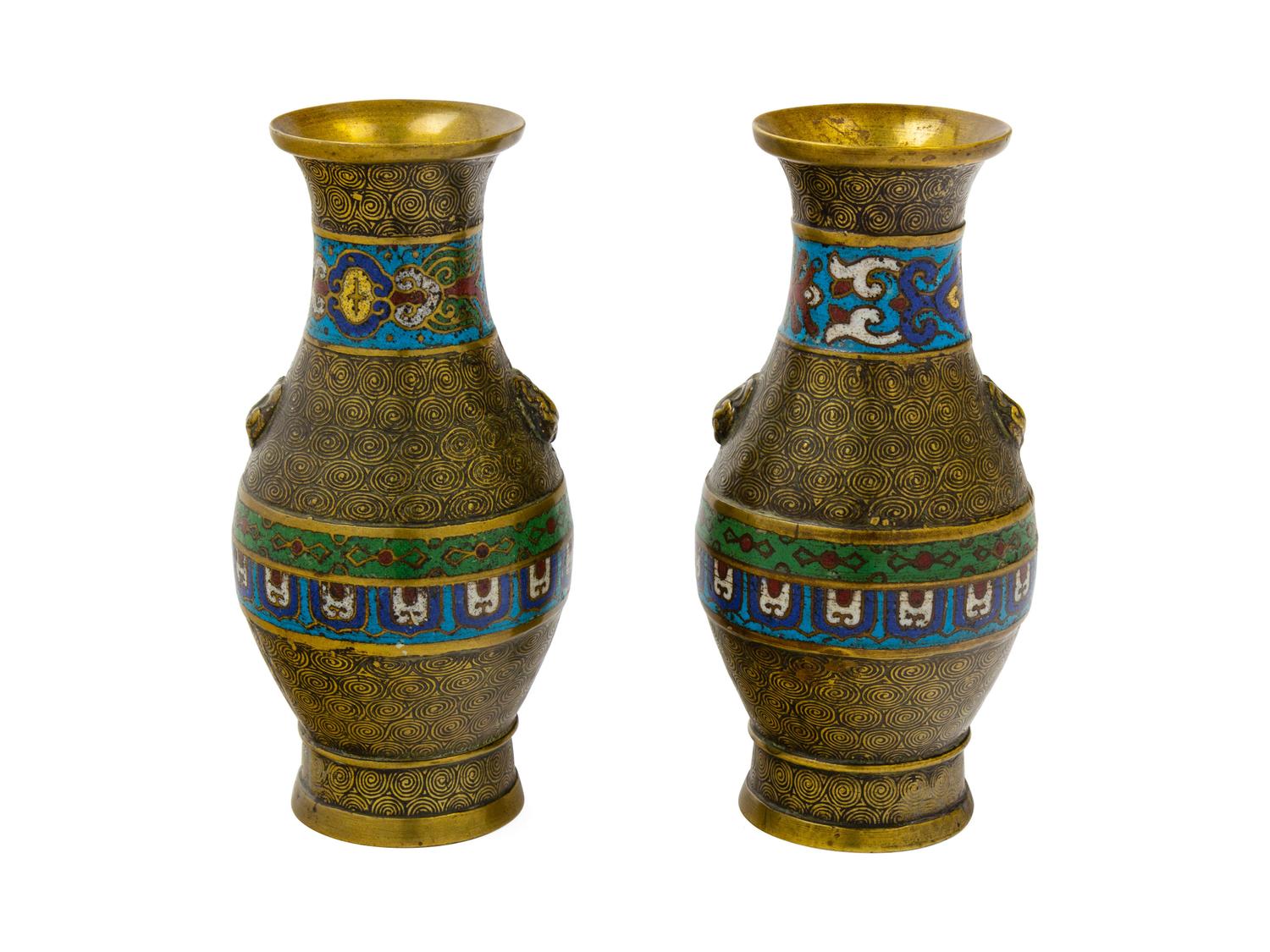 A Pair of Chinese Bronze and Cloisonne Vases