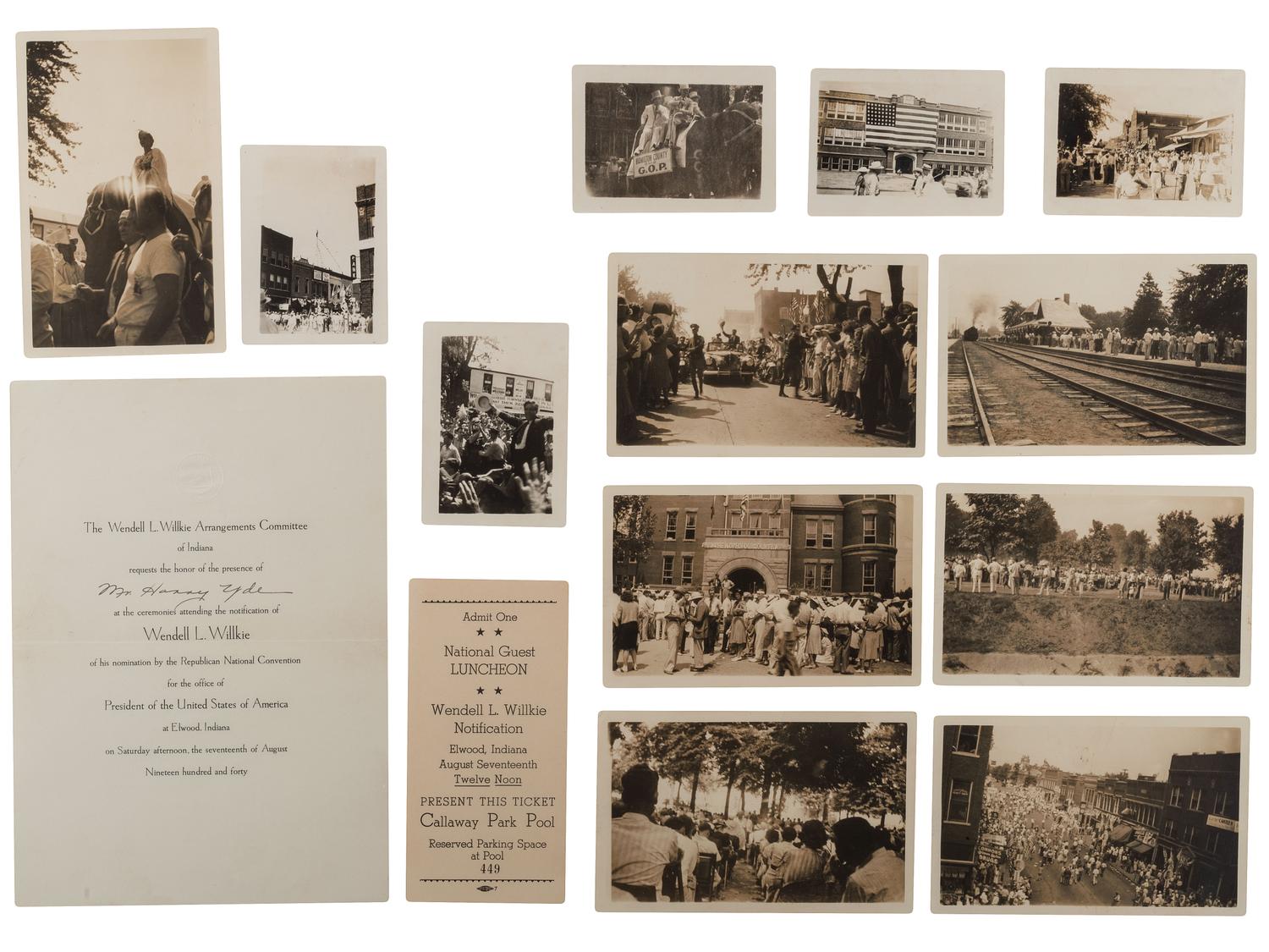 [WILLKIE, Wendell (1892-1944)]. A group of photographs, tickets, publications, sheet music, and other ephemera related Willkie's 1940 presidential nomination and campaign.