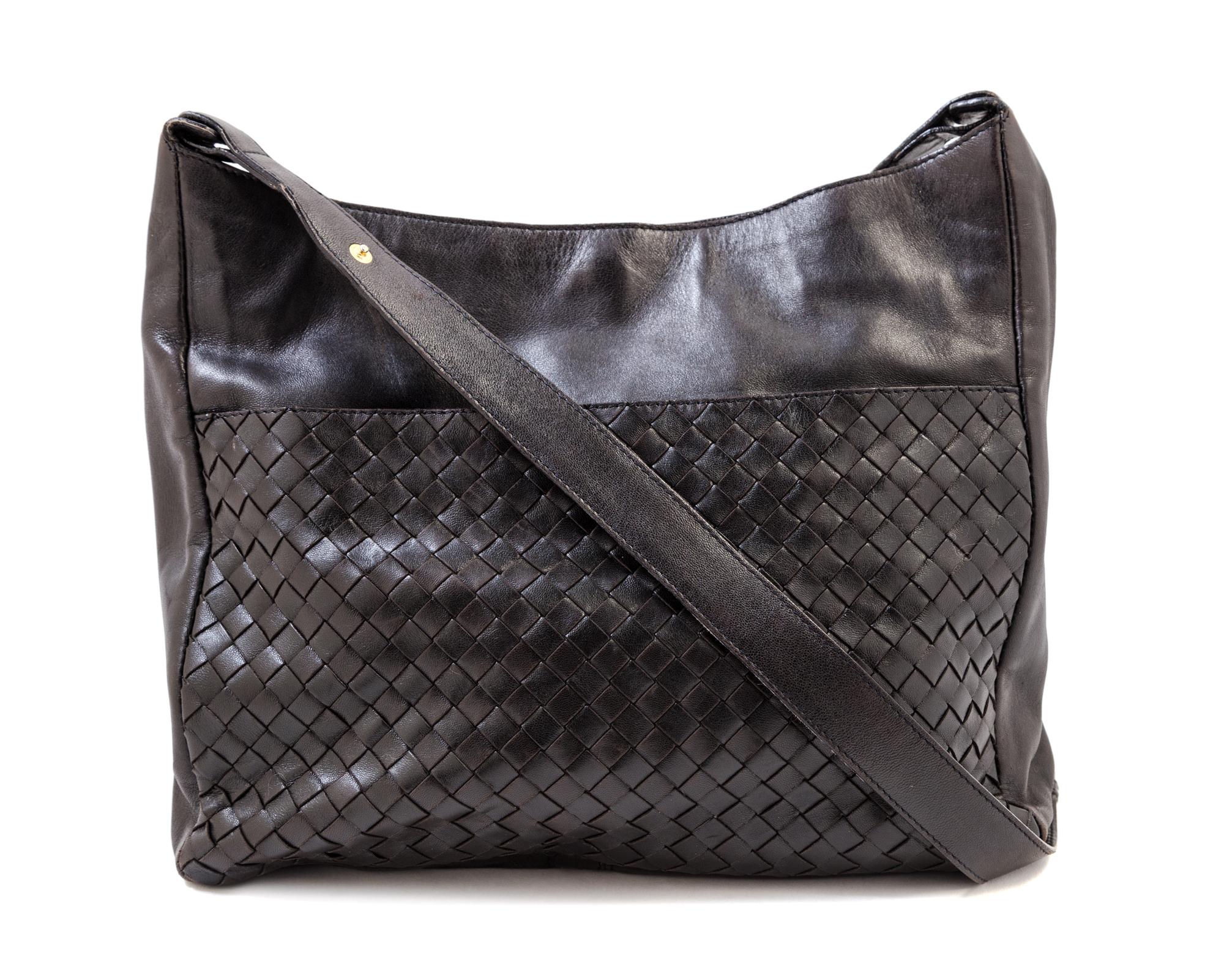 A Bottega Veneta Black Shoulder Bag, 12" x 10.5" x 3.5"; Strap drop: 19".