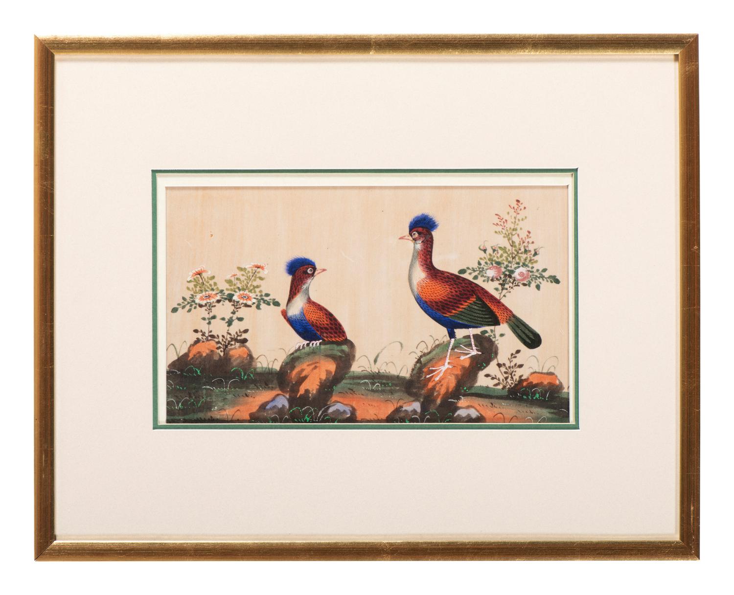 Seven Chinese Export Pith Paintings of Perched Birds and Flowers