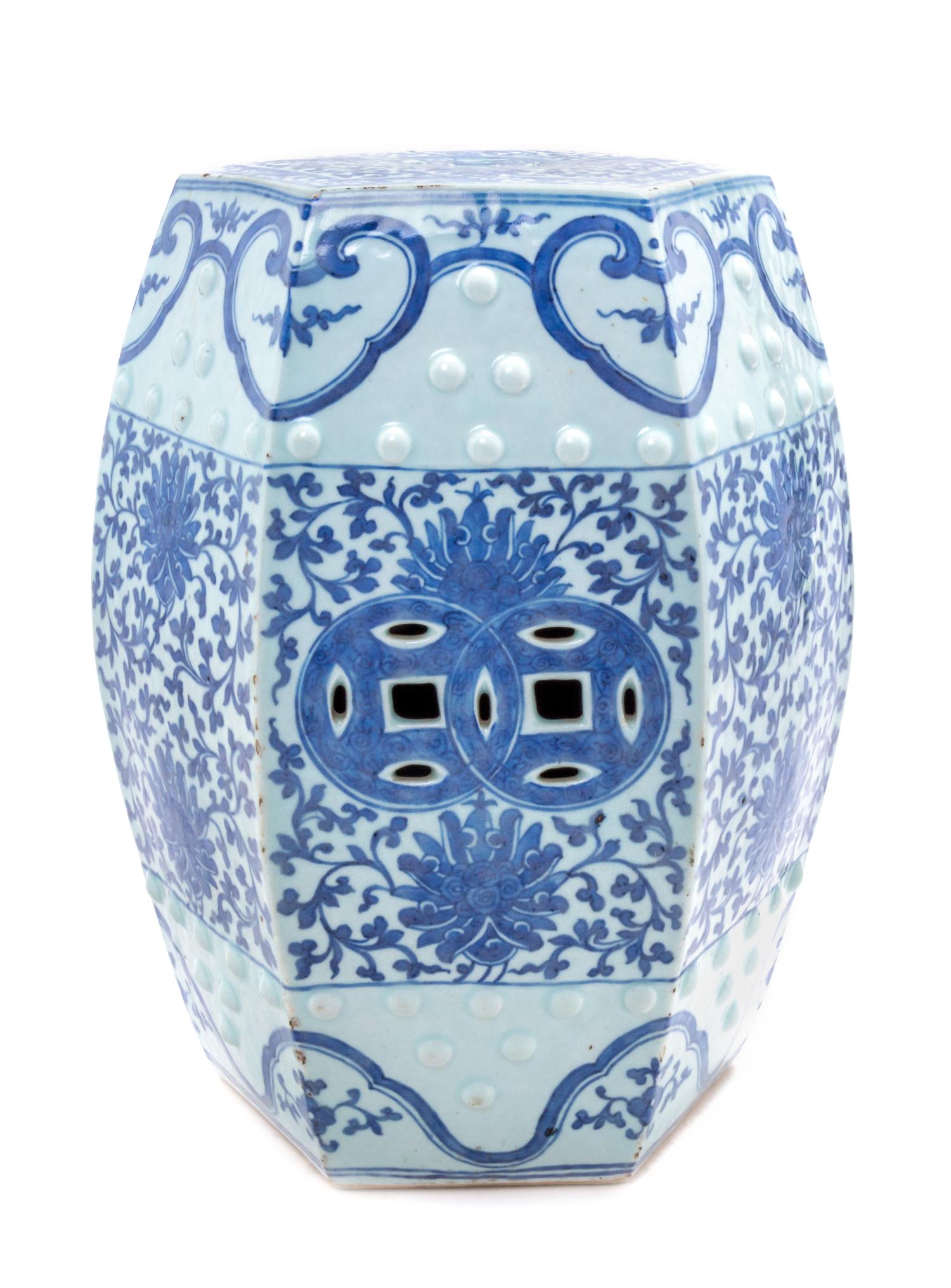 A Blue and White Porcelain Hexagonal Garden Stool Height 18 1/4 inches. — 19TH CENTURY