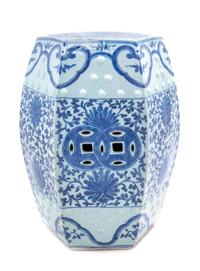 A Blue and White Porcelain Hexagonal Garden Stool Height 18 1/4 inches. — 19TH CENTURY