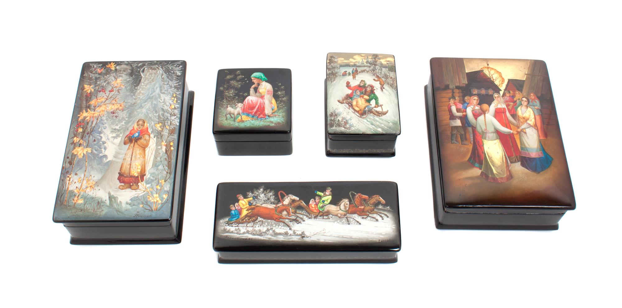 Five Russian Lacquered Boxes Height of tallest 6 3/8 inches. — 20TH CENTURY