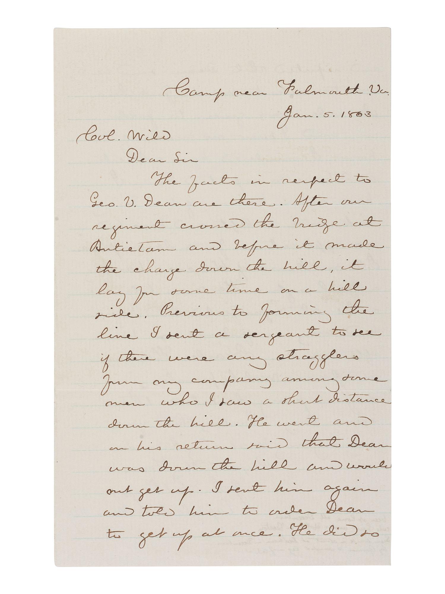 [CIVIL WAR]. Letter regarding cowardice and desertion by soldier Geo. Dean at the Battle of Antietam, written by Captain John Lathrop, 35th Massachusetts Infantry. “Camp near Falmouth, VA,” 5 January 1863.