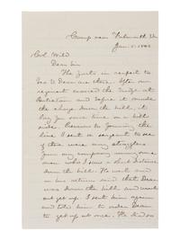 [CIVIL WAR]. Letter regarding cowardice and desertion by soldier Geo. Dean at the Battle of Antietam, written by Captain John Lathrop, 35th Massachusetts Infantry. “Camp near Falmouth, VA,” 5 January 1863.