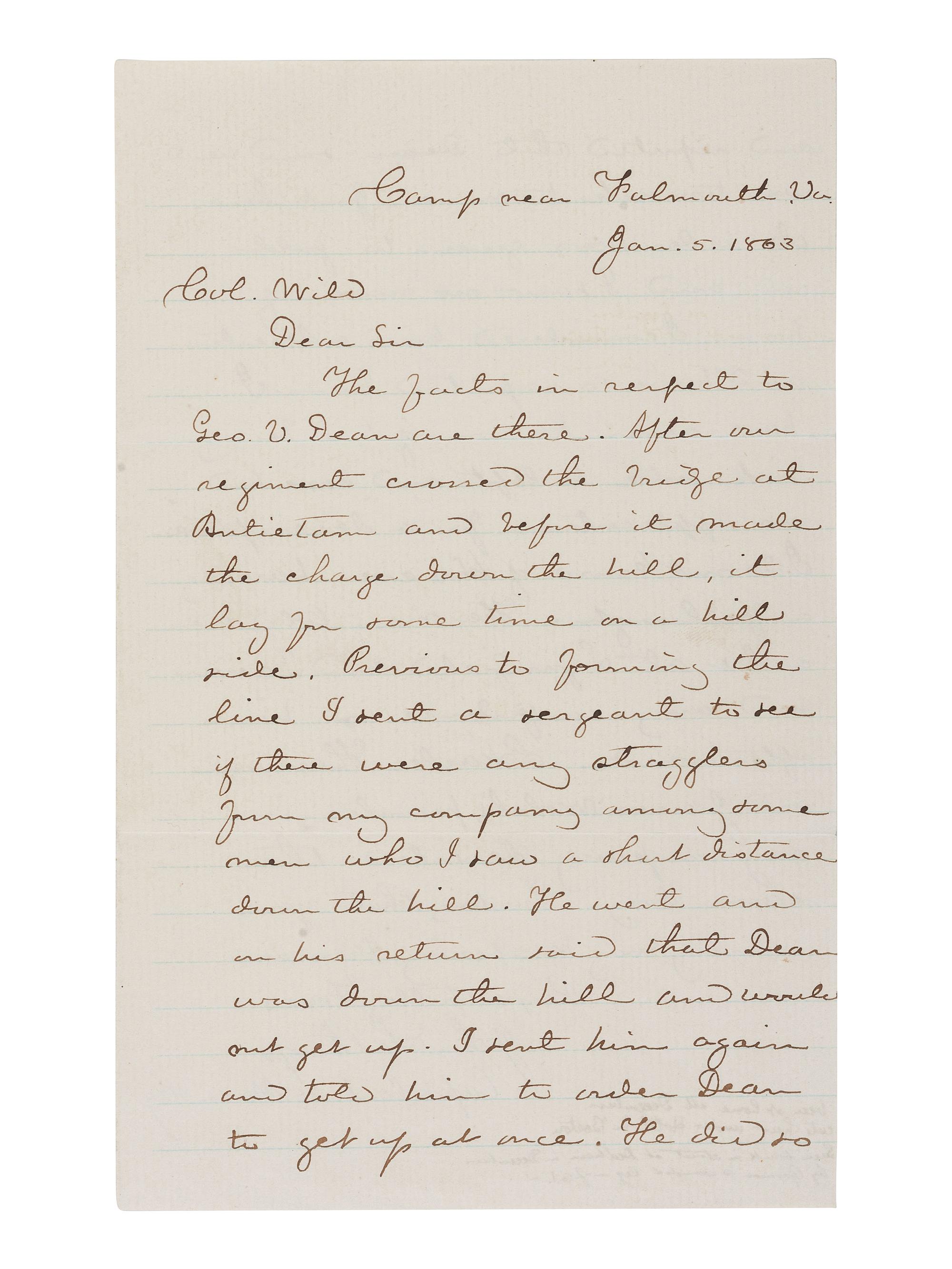 [CIVIL WAR]. Letter regarding cowardice and desertion by soldier Geo. Dean at the Battle of Antietam, written by Captain John Lathrop, 35th Massachusetts Infantry. “Camp near Falmouth, VA,” 5 January 1863.