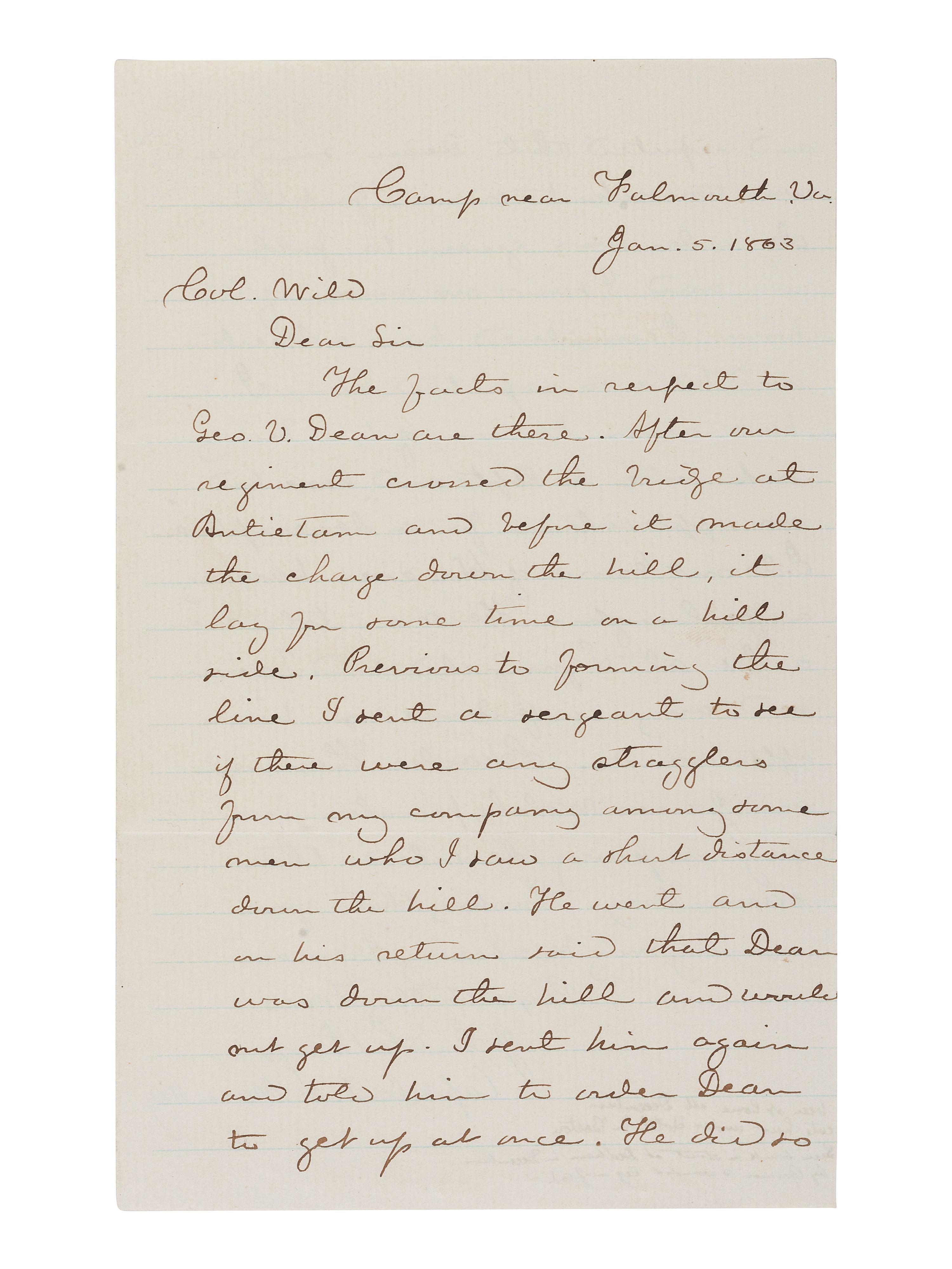 [CIVIL WAR]. Letter regarding cowardice and desertion by soldier Geo. Dean at the Battle of Antietam, written by Captain John Lathrop, 35th Massachusetts Infantry. “Camp near Falmouth, VA,” 5 January 1863.